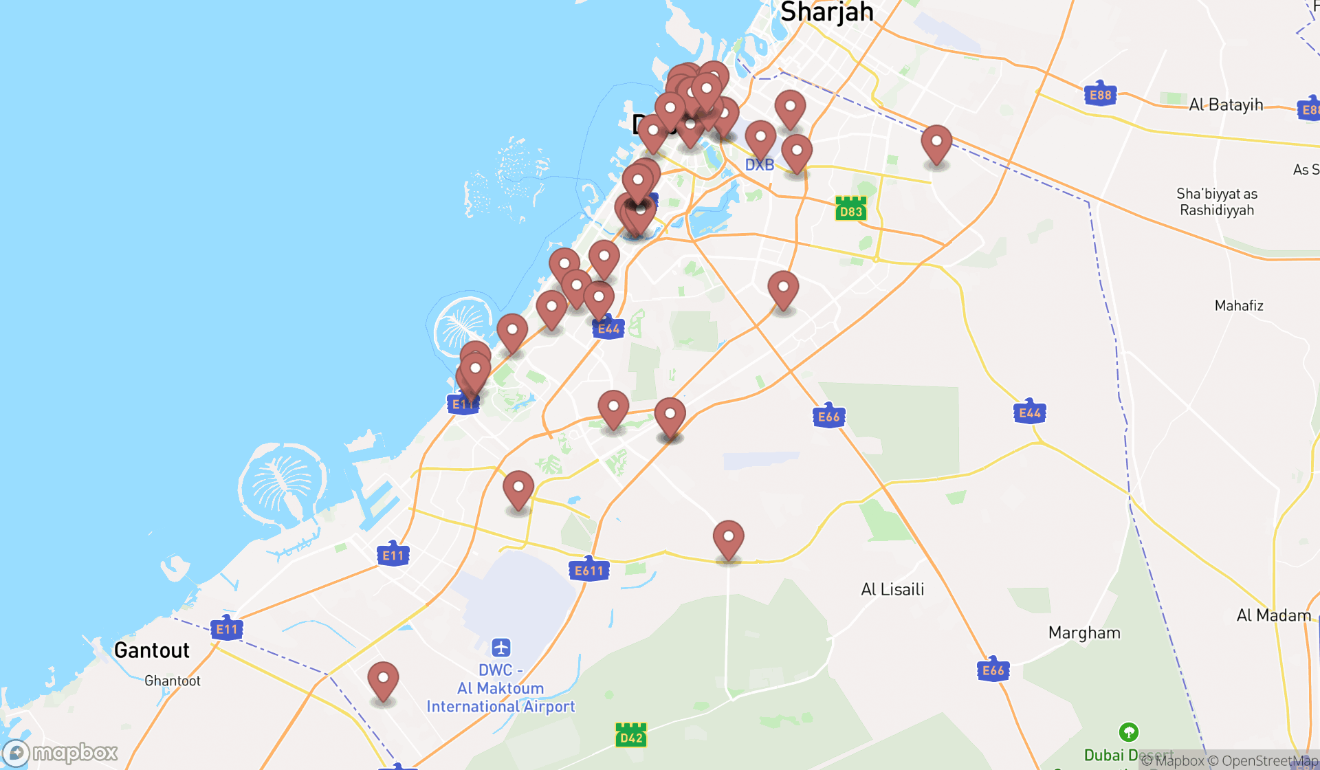Map showing the search results in Dubai