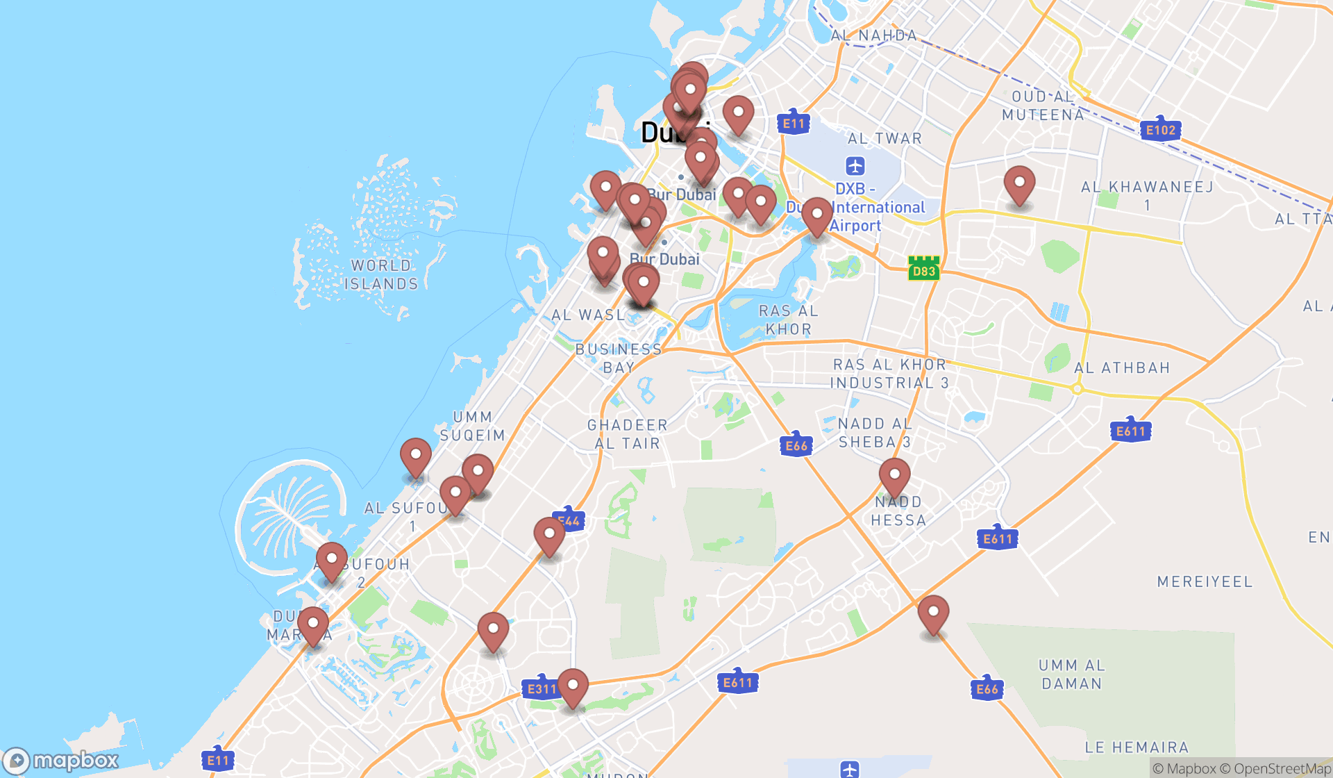 Map showing the search results in Dubai