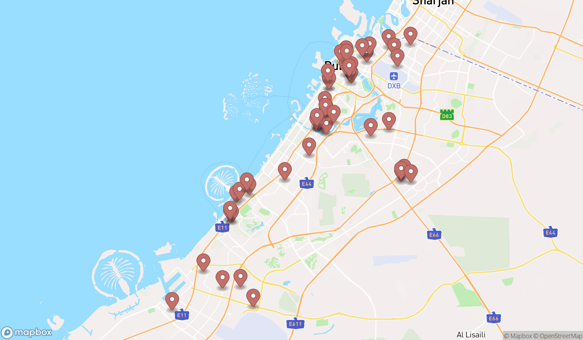 Map showing the search results in Dubai