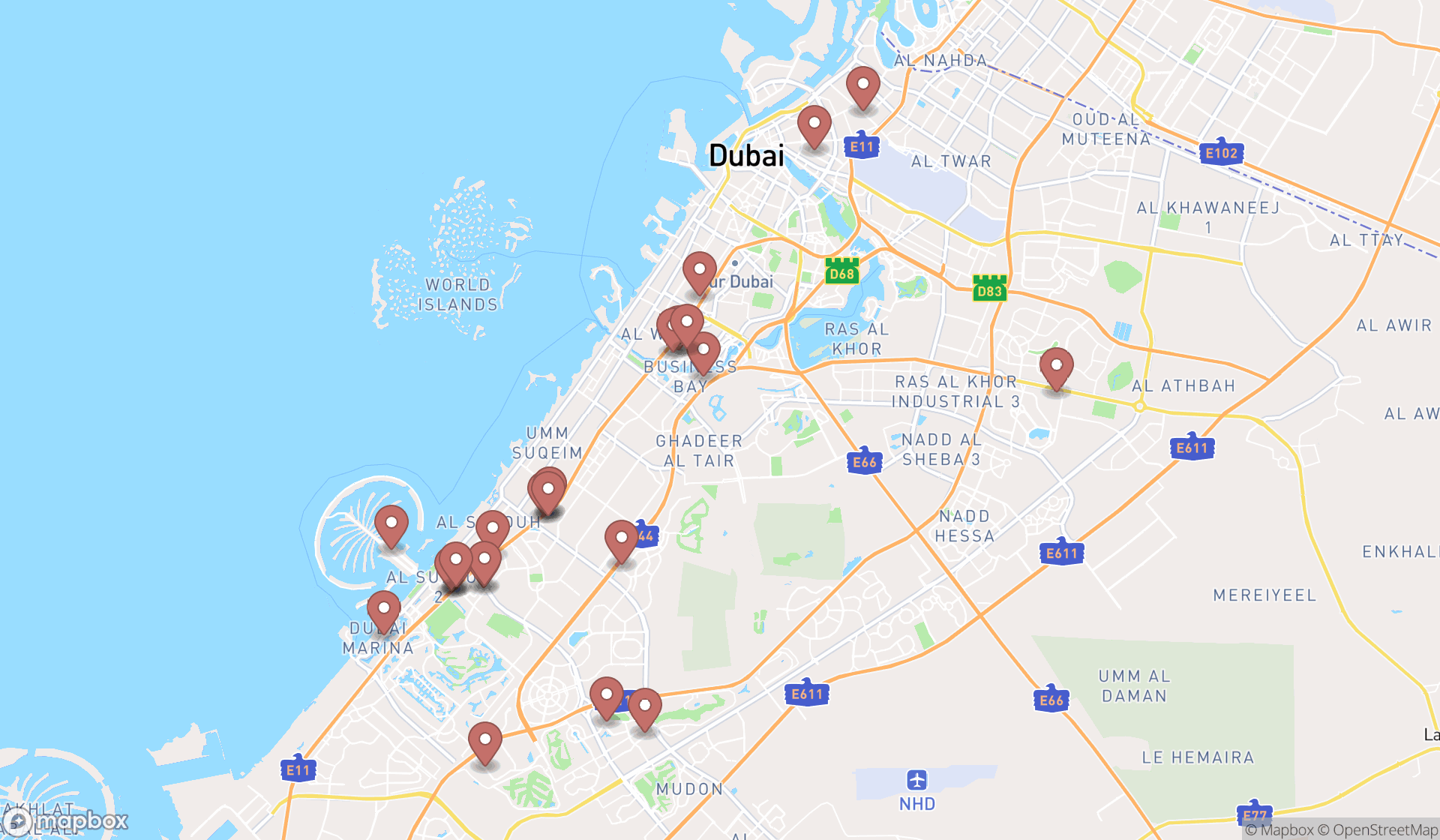 Map showing the search results in Dubai