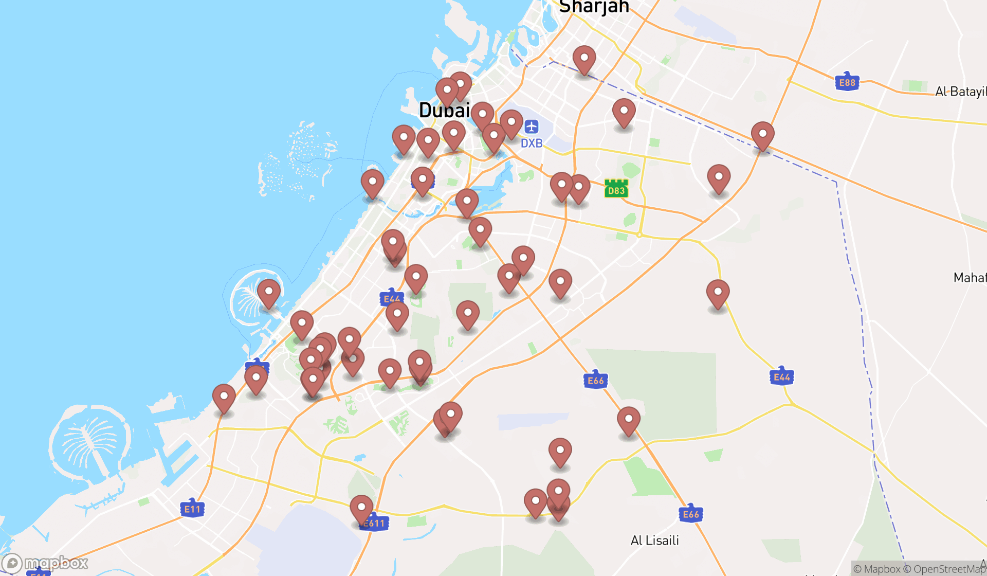 Map showing the search results in Dubai