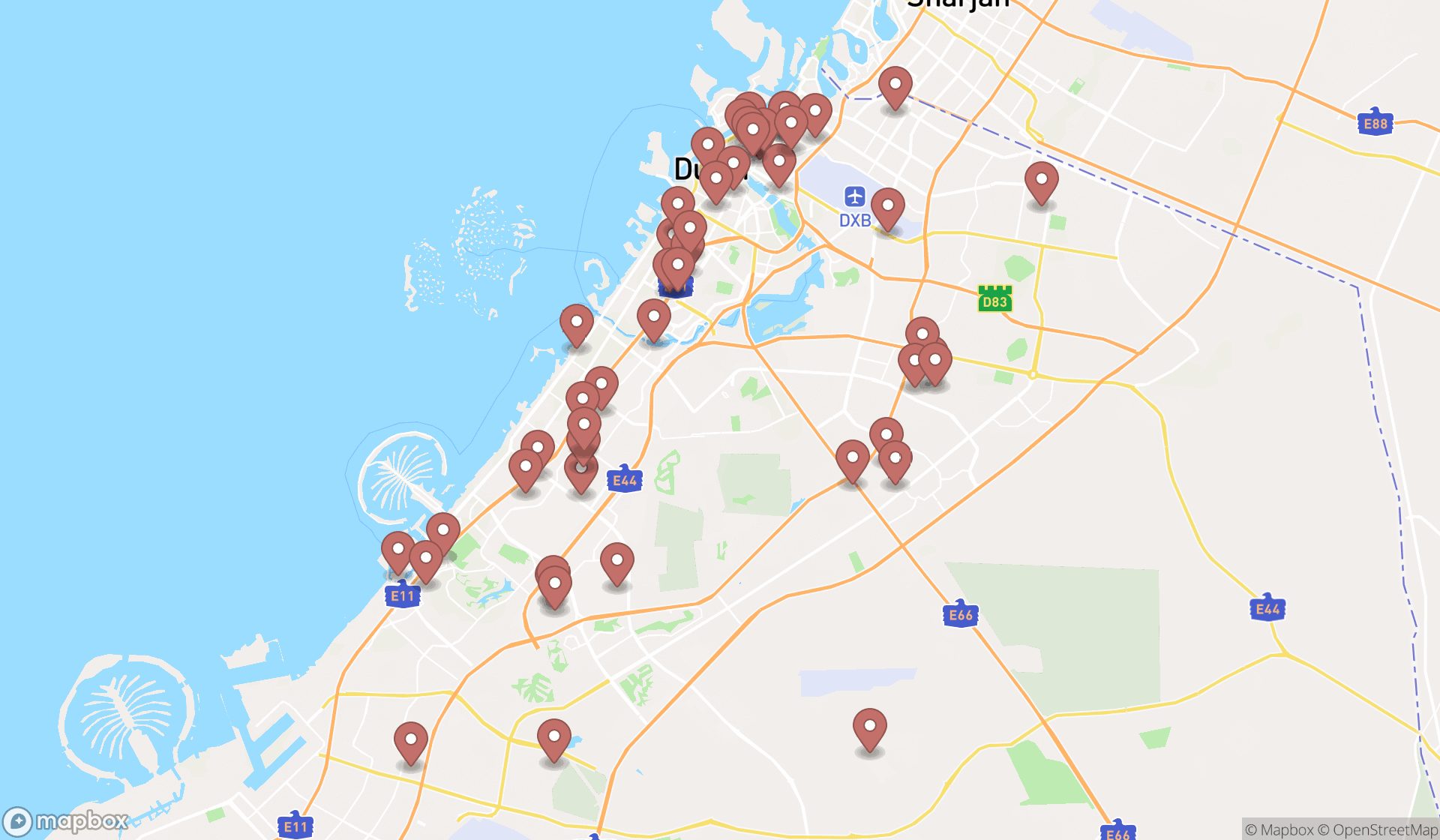 Map showing the search results in Dubai