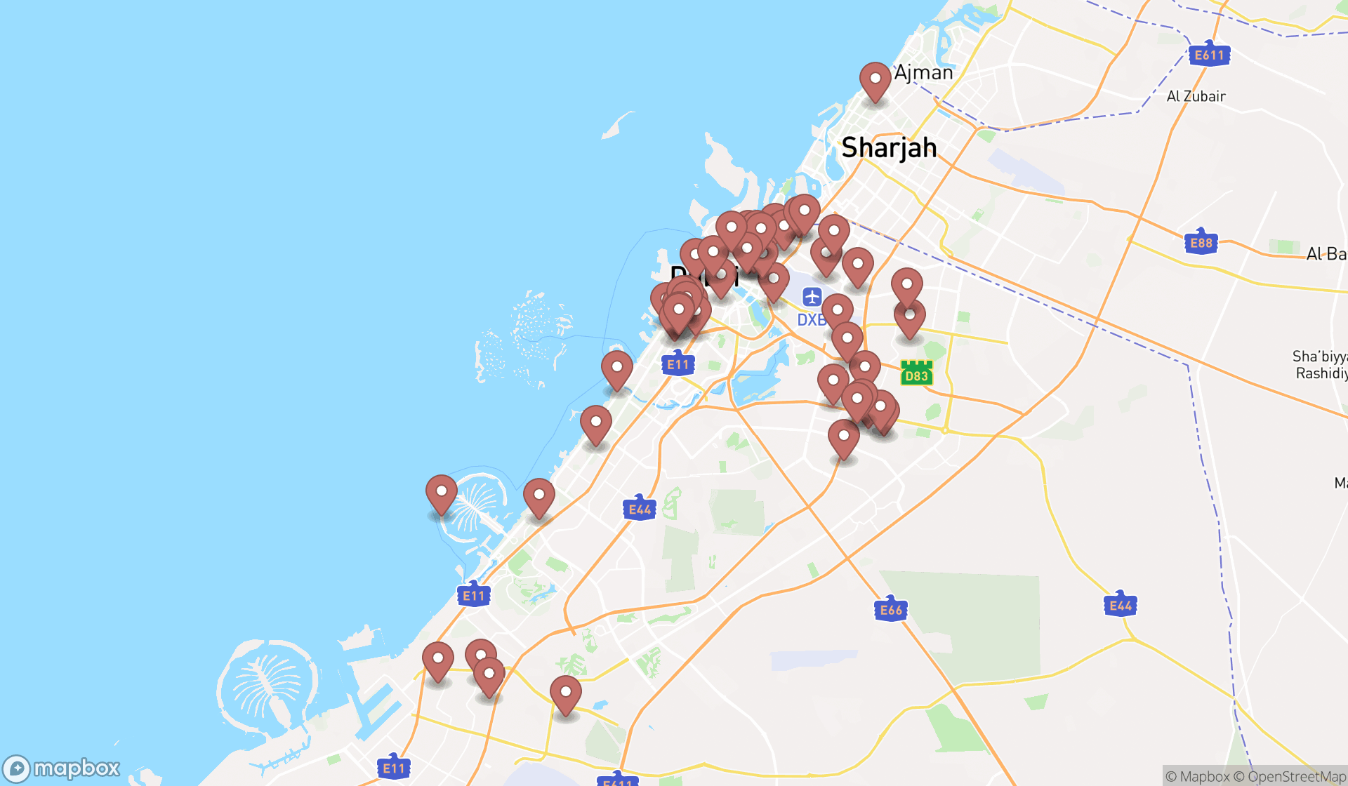 Map showing the search results in Dubai