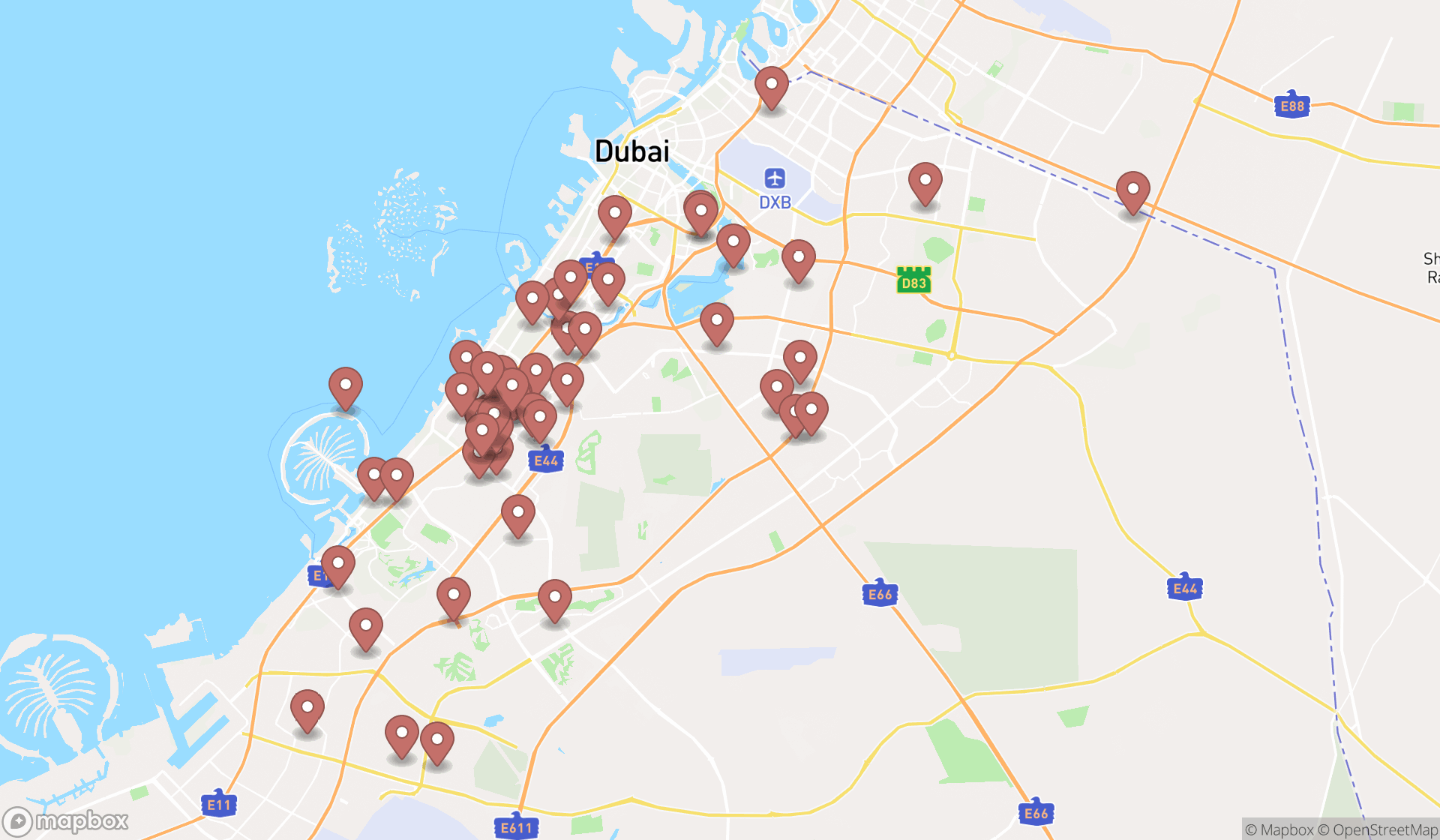 Map showing the search results in Dubai