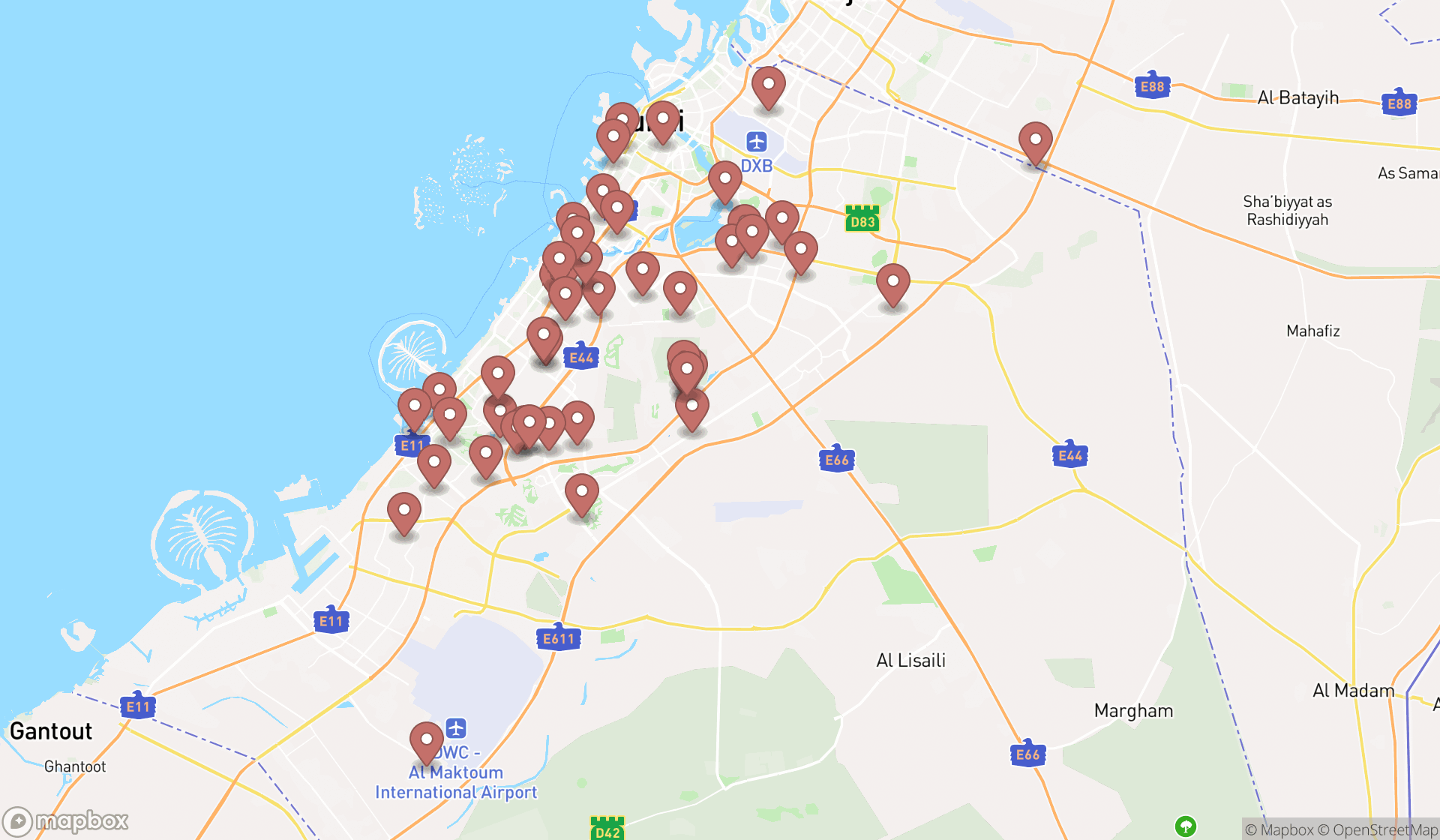 Map showing the search results in Dubai