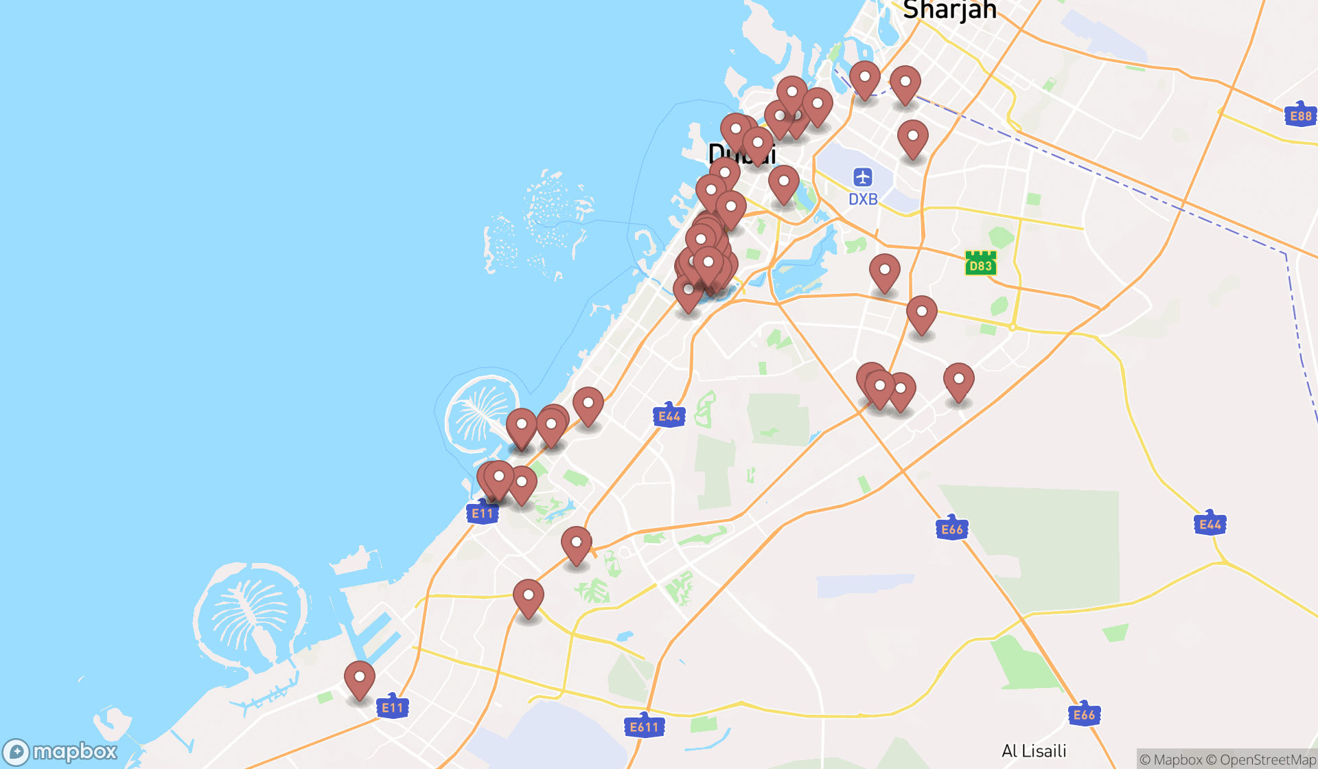 Map showing the search results in Dubai