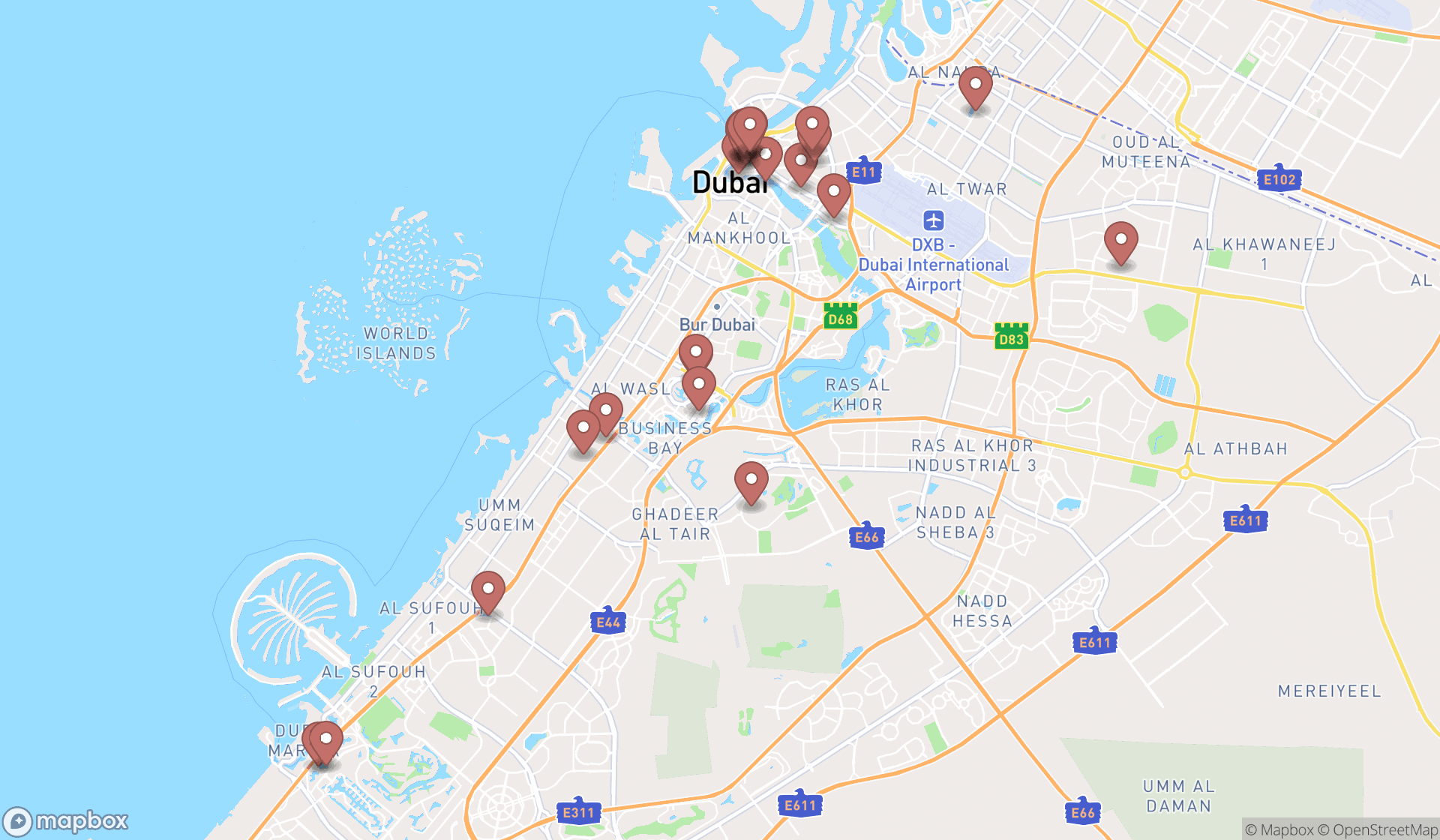 Map showing the search results in Dubai