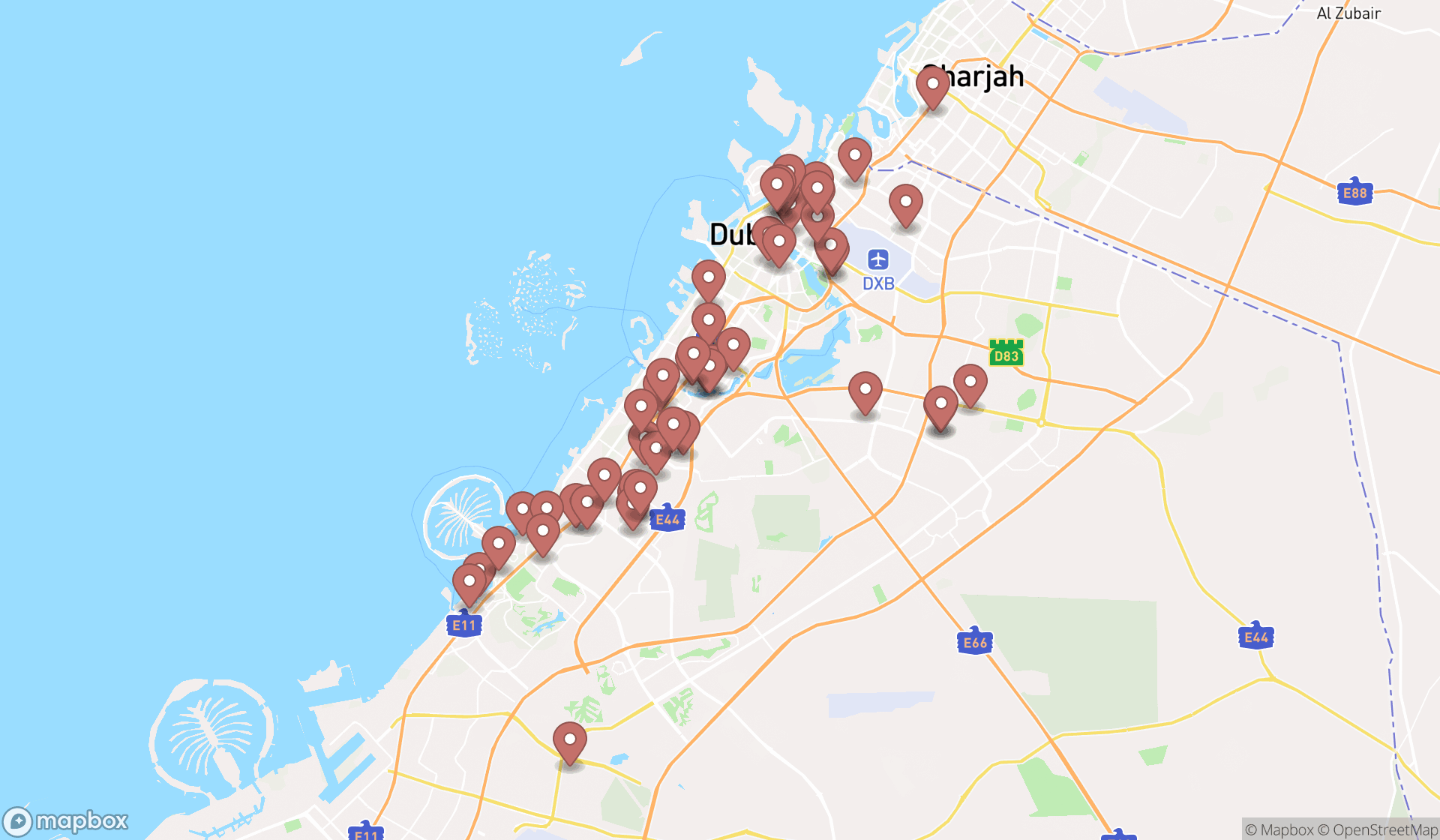 Map showing the search results in Dubai