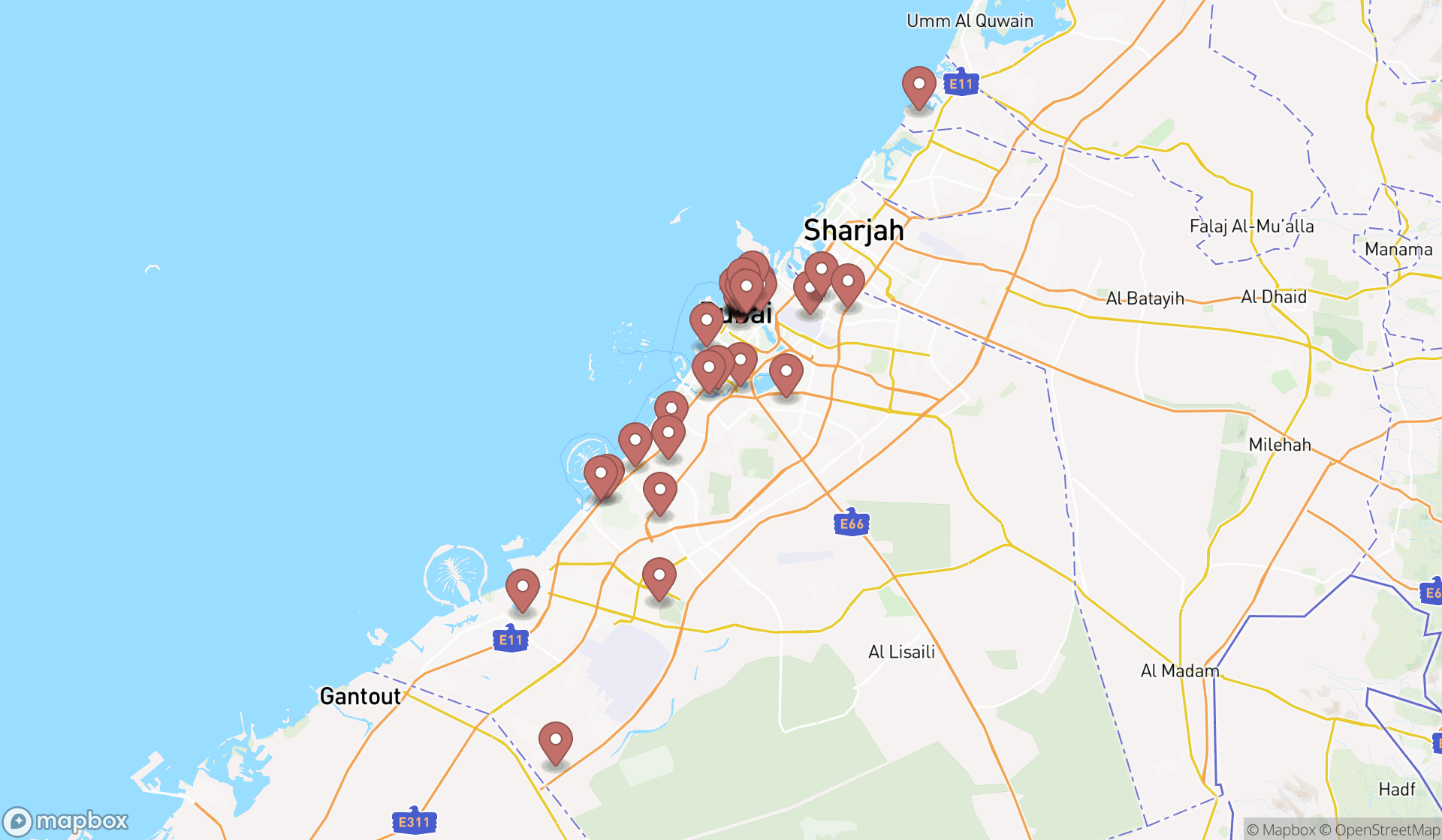 Map showing the search results in Dubai