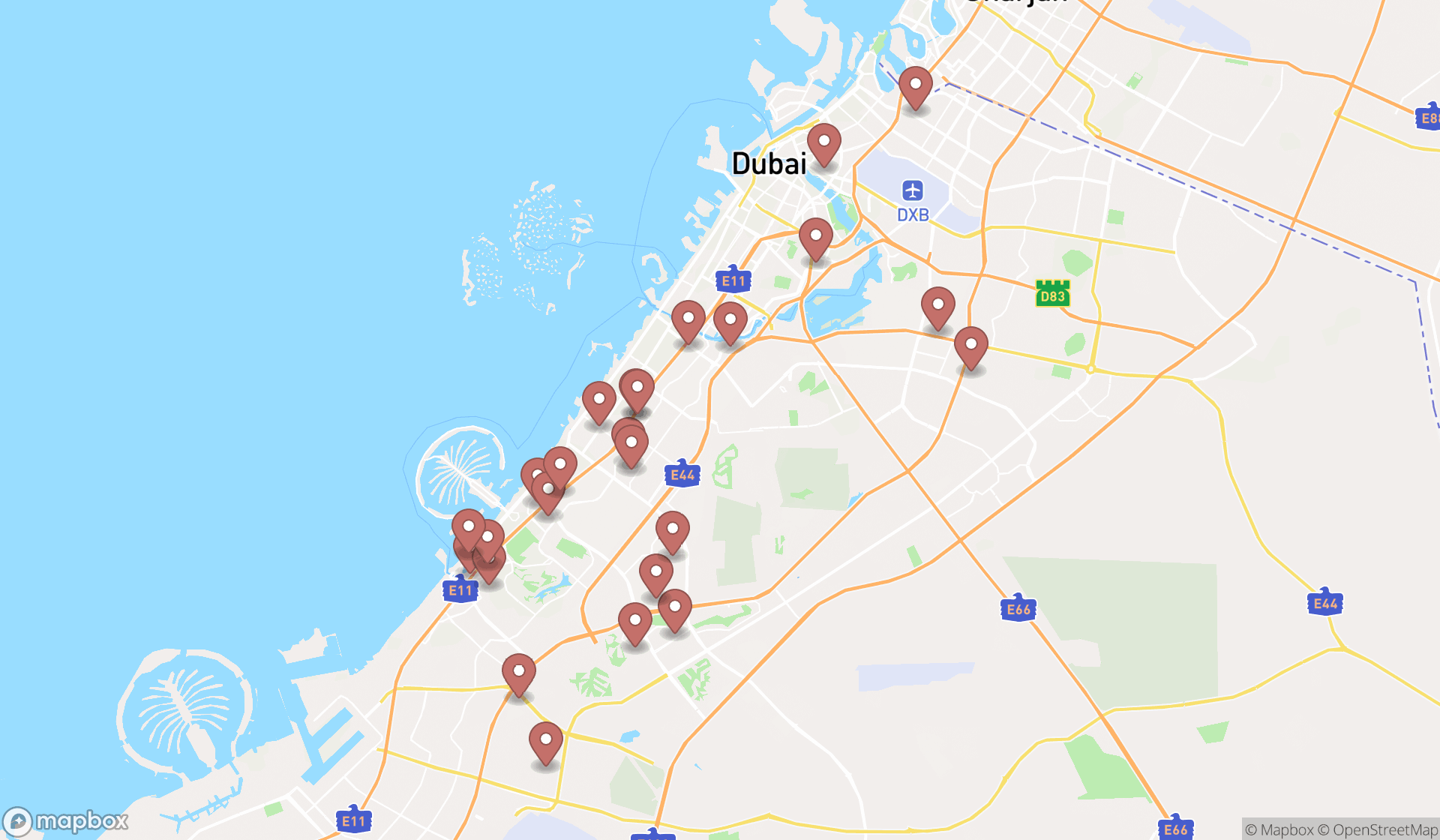 Map showing the search results in Dubai
