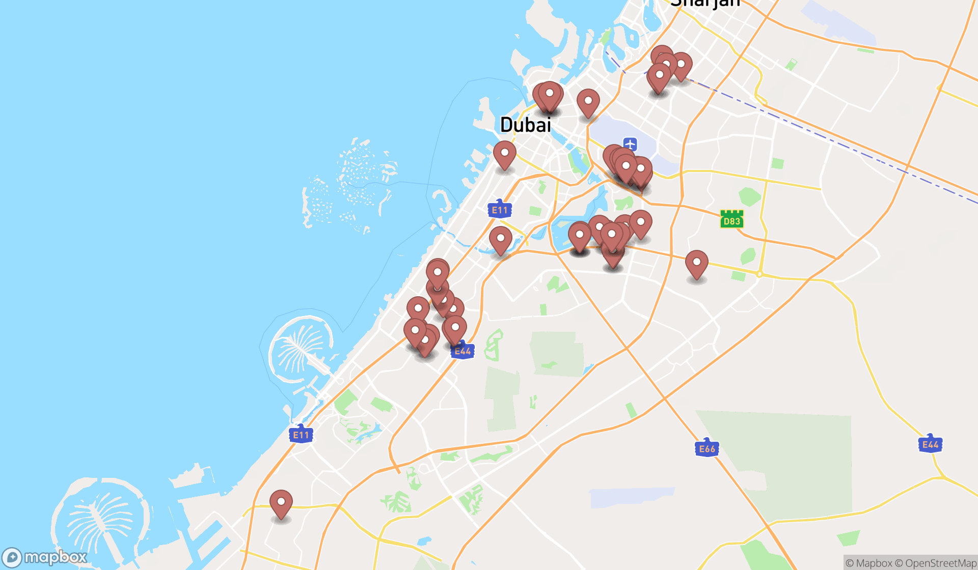 Map showing the search results in Dubai
