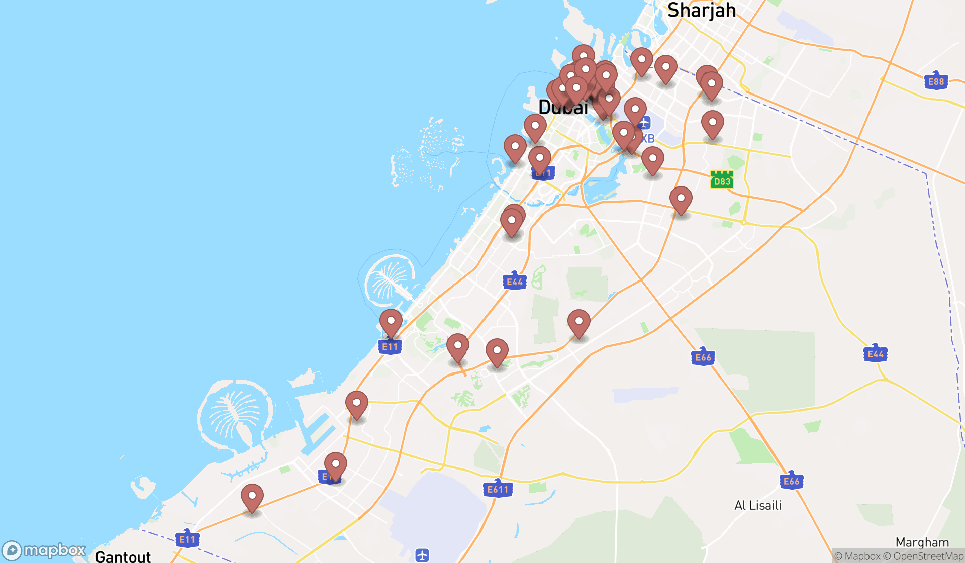 Map showing the search results in Dubai