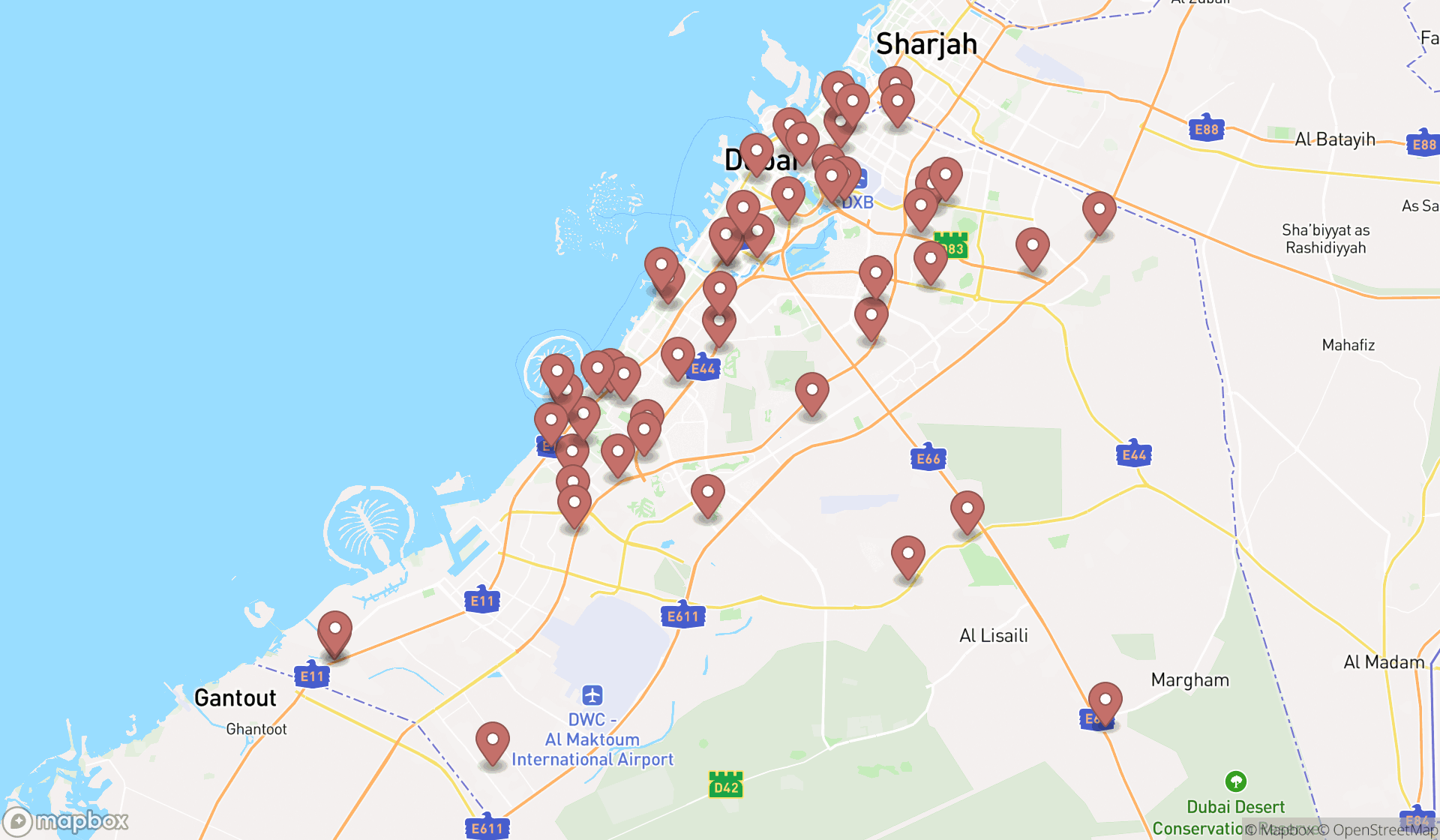Map showing the search results in Dubai