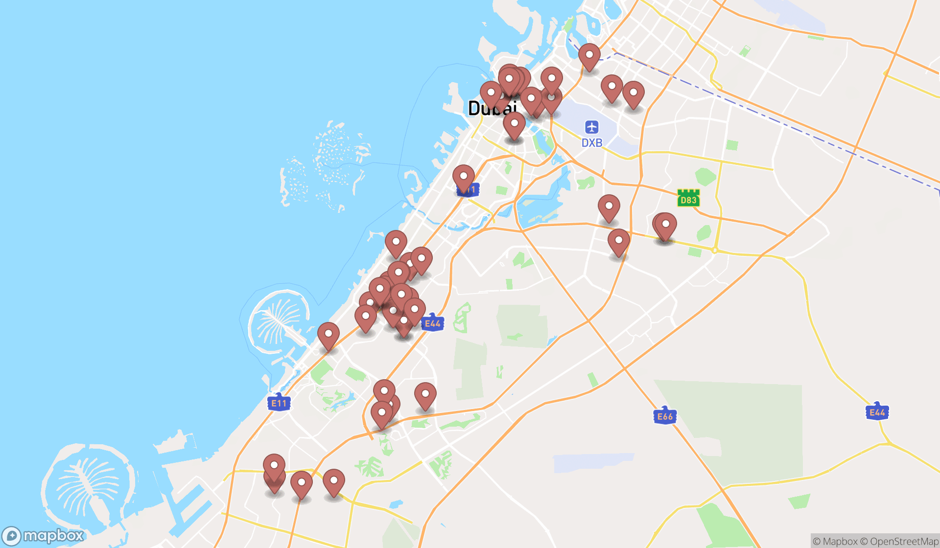 Map showing the search results in Dubai