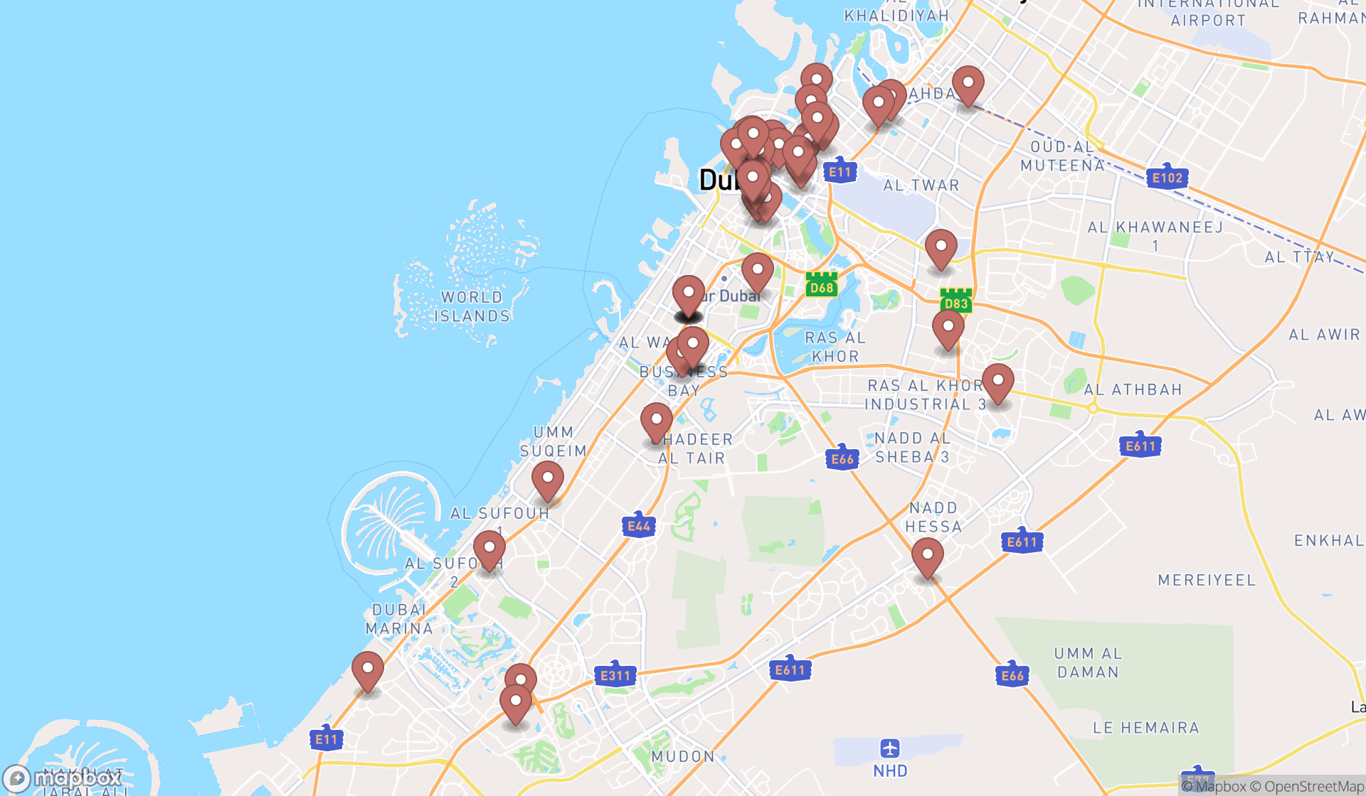 Map showing the search results in Dubai