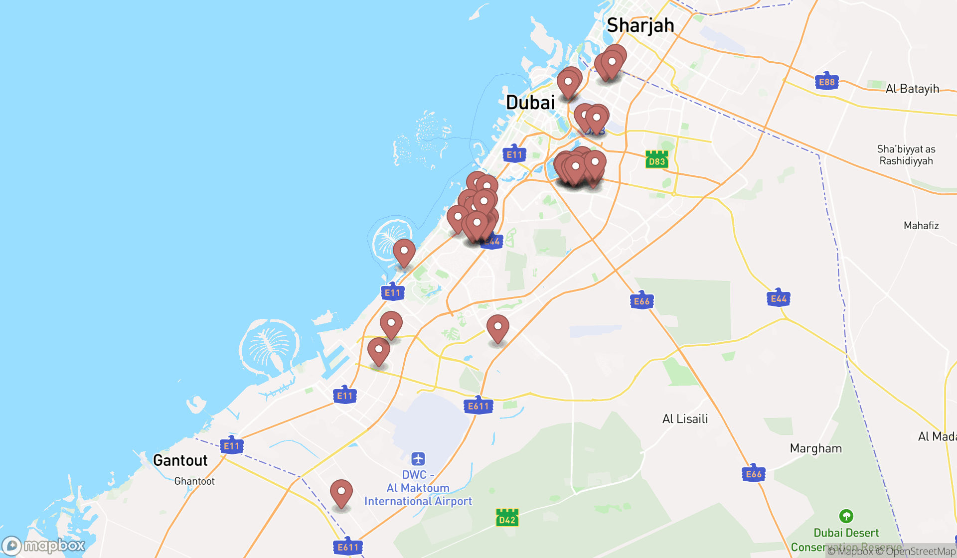 Map showing the search results in Dubai