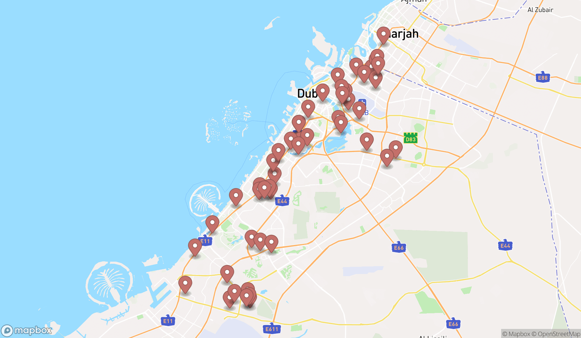 Map showing the search results in Dubai
