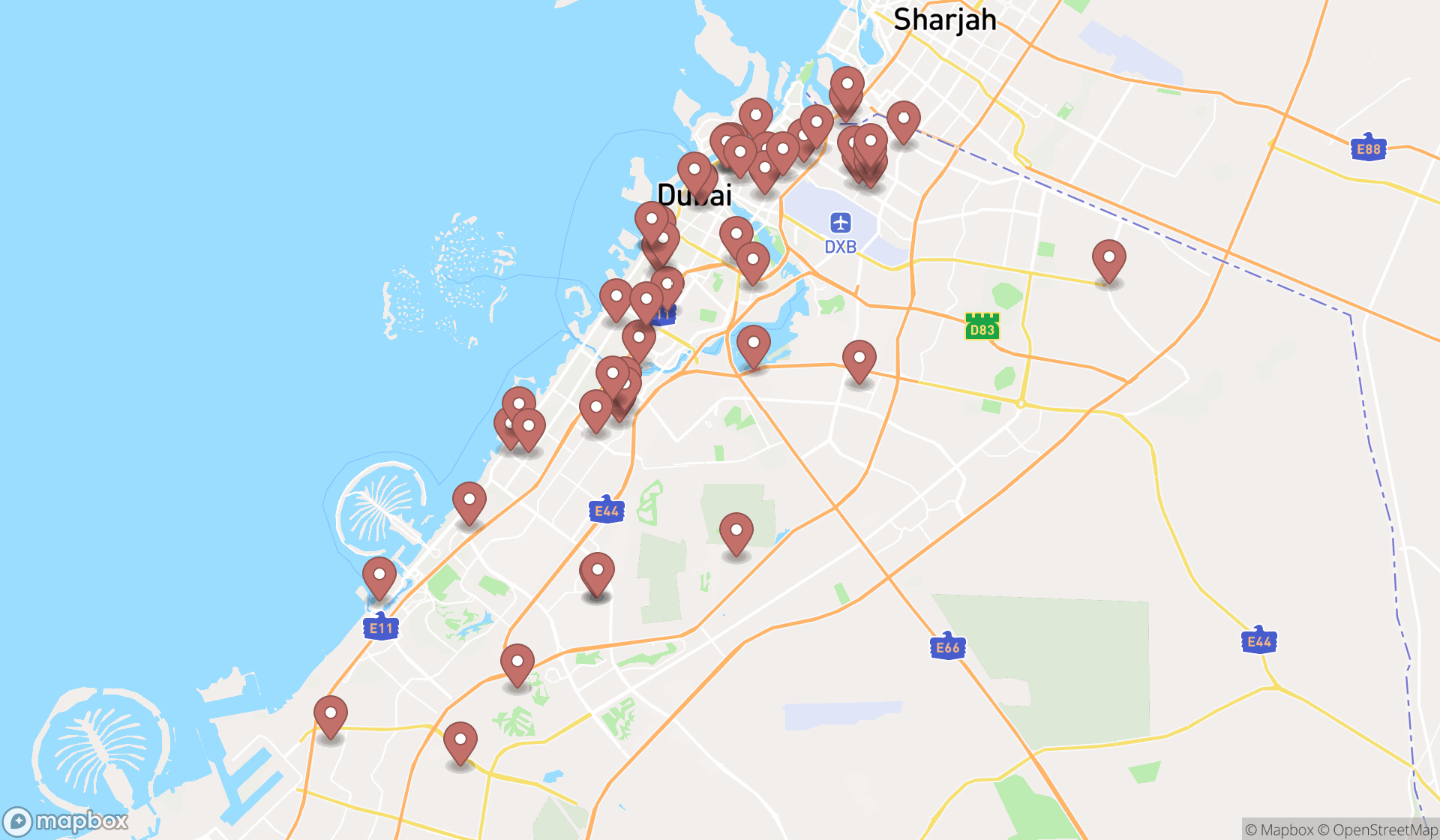 Map showing the search results in Dubai