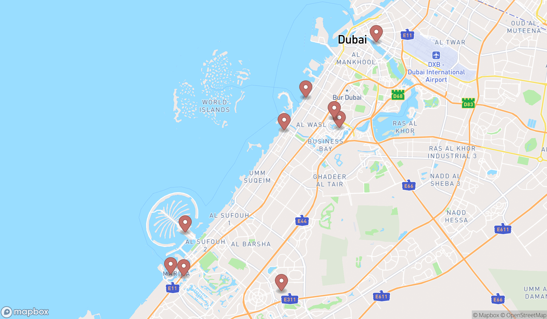 Map showing the search results in Dubai