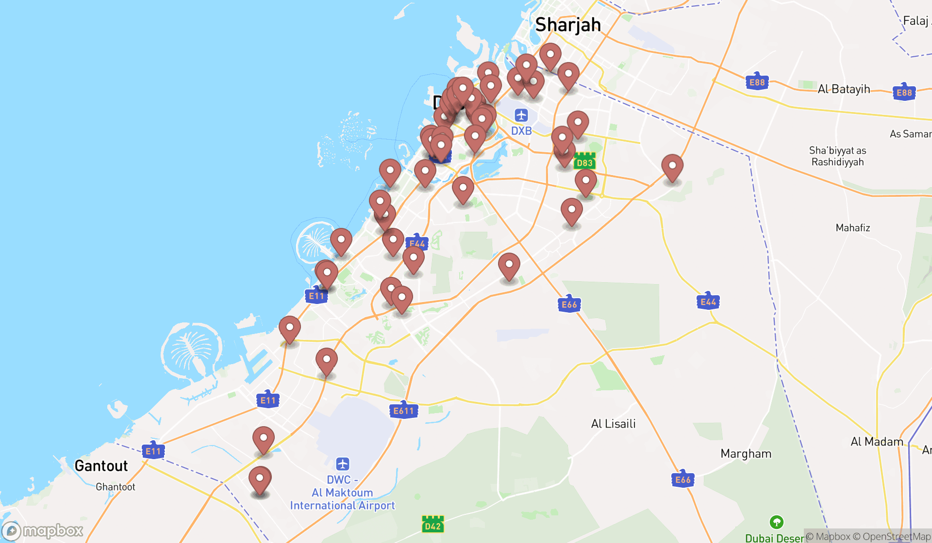 Map showing the search results in Dubai