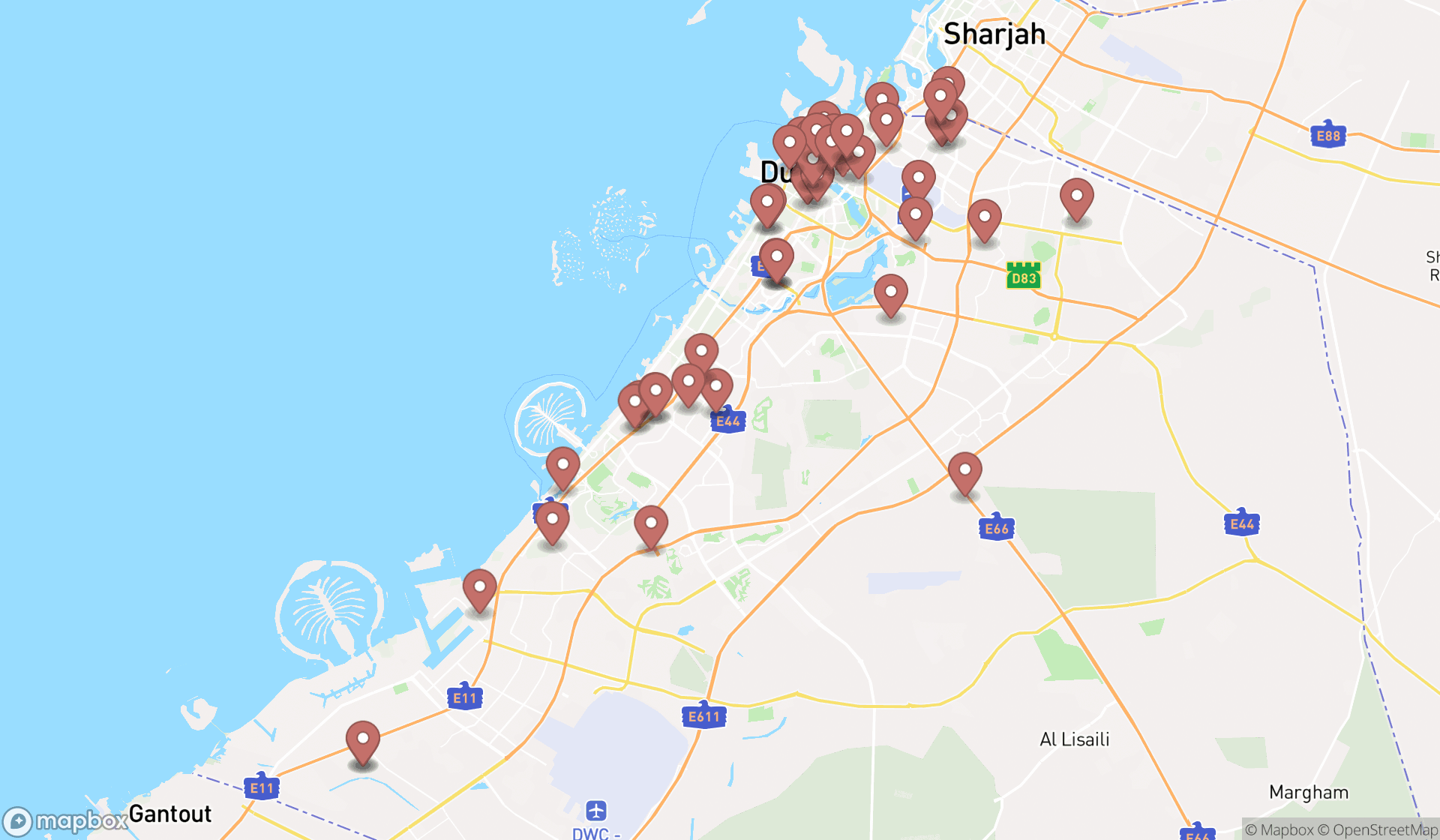 Map showing the search results in Dubai