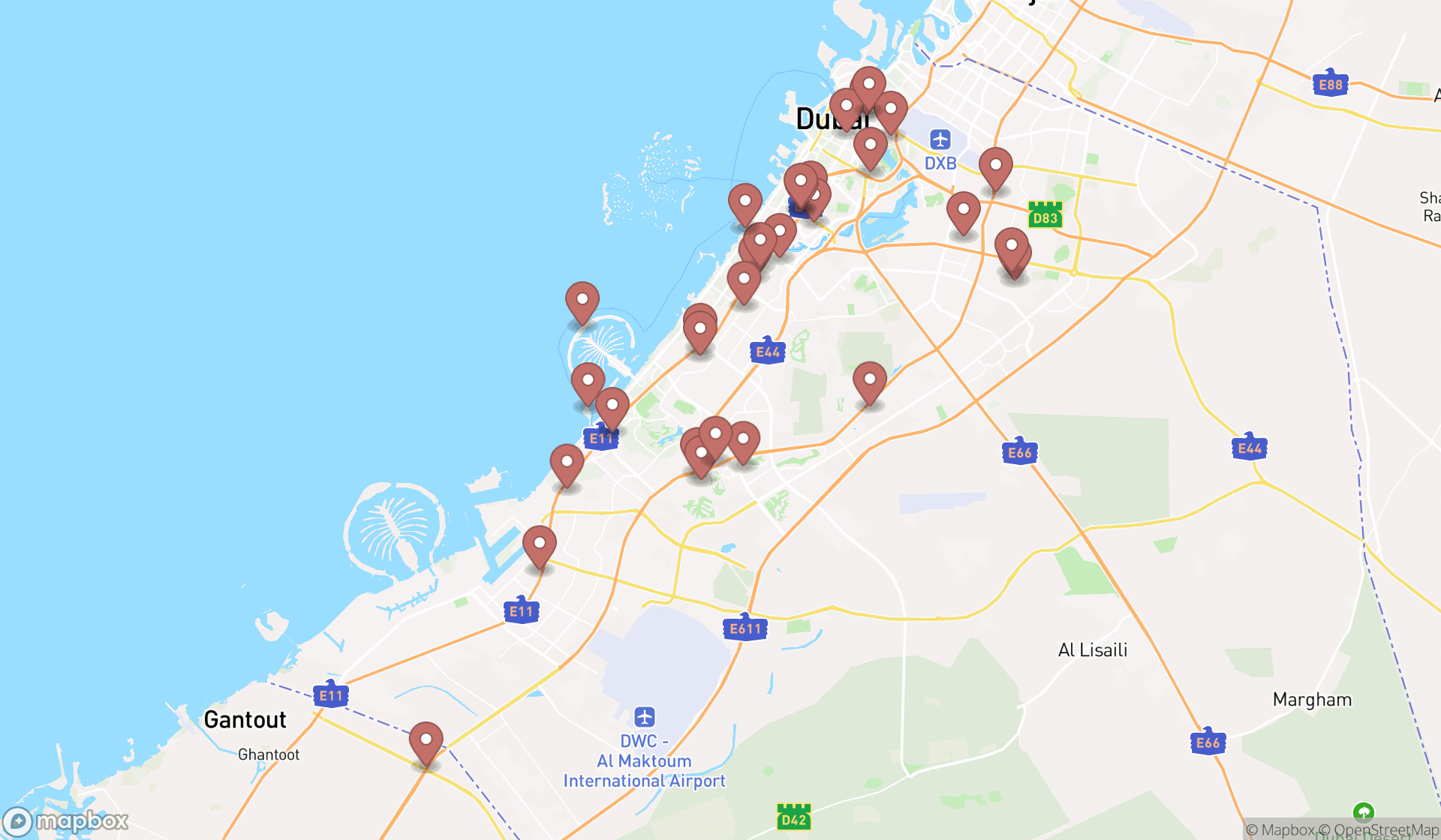 Map showing the search results in Dubai