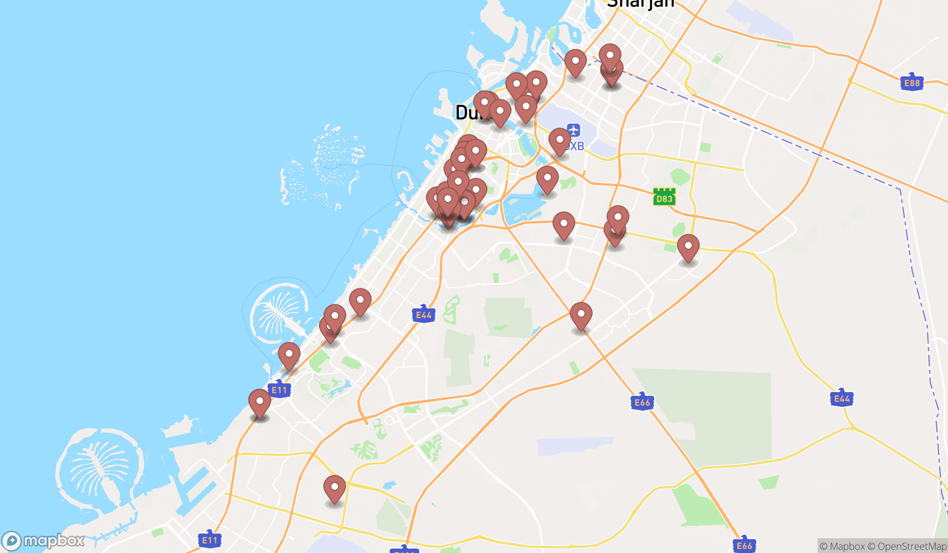 Map showing the search results in Dubai
