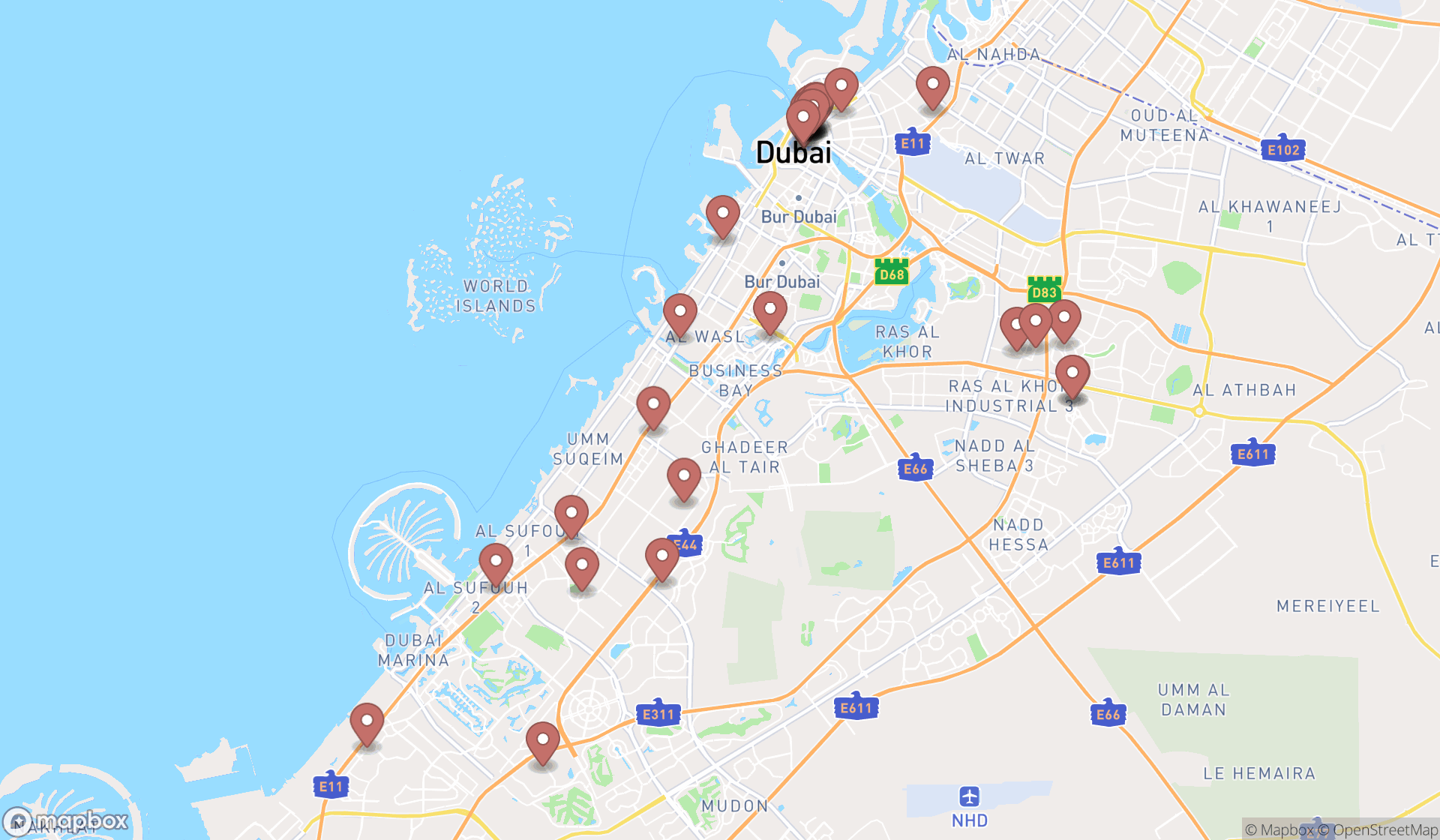 Map showing the search results in Dubai