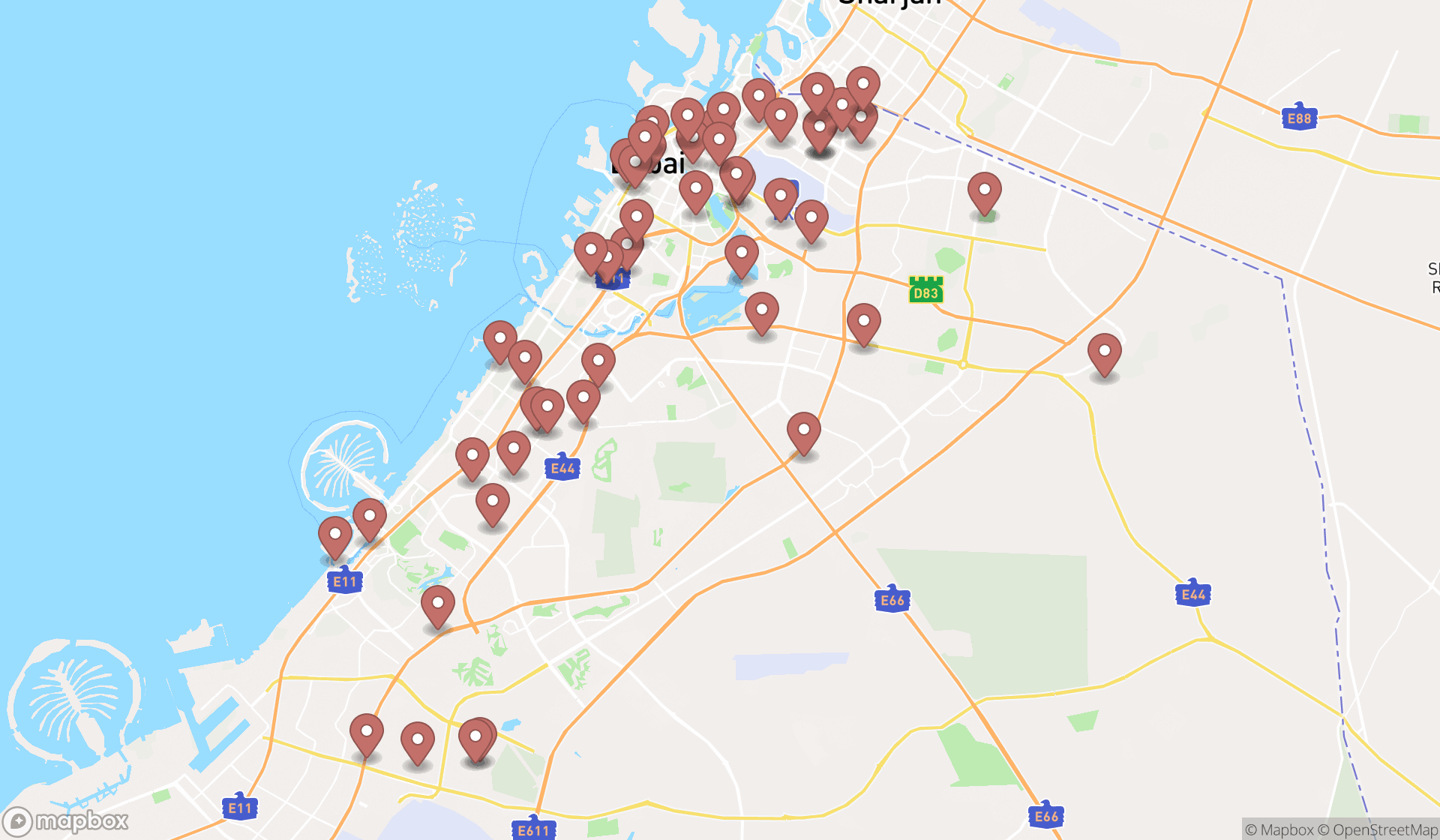 Map showing the search results in Dubai