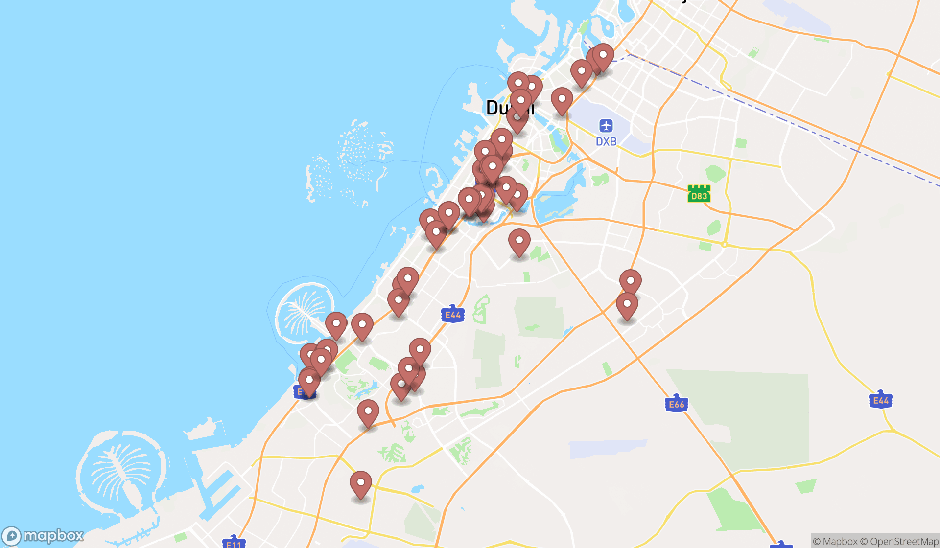 Map showing the search results in Dubai