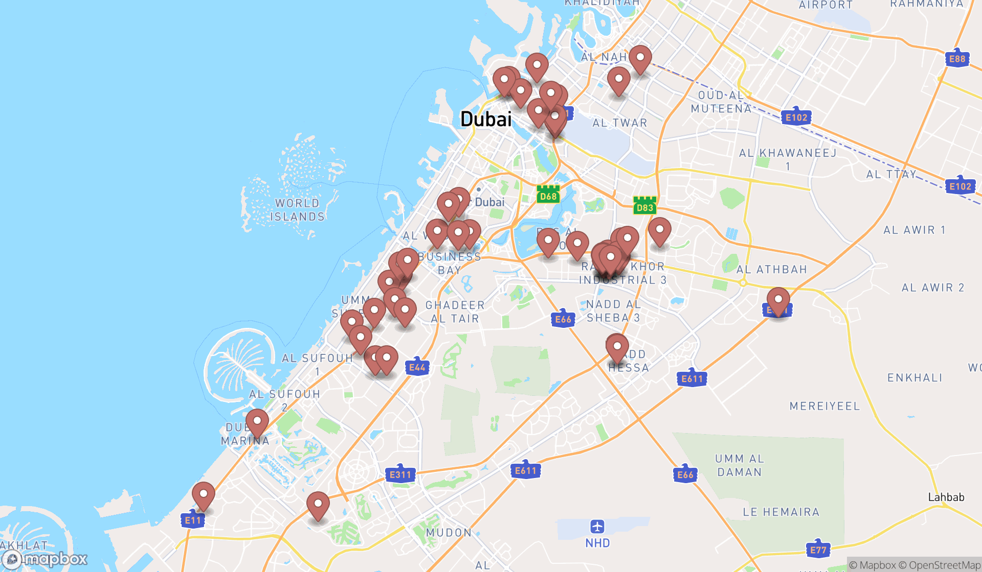 Map showing the search results in Dubai
