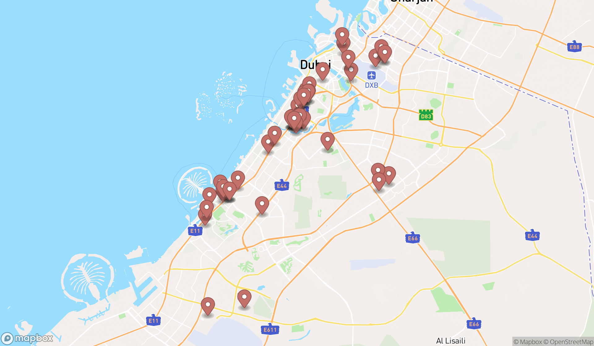 Map showing the search results in Dubai