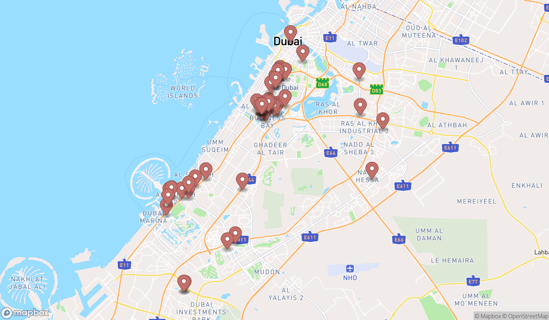Map showing the search results in Dubai