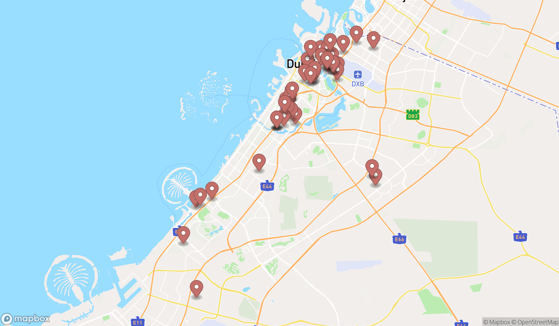 Map showing the search results in Dubai