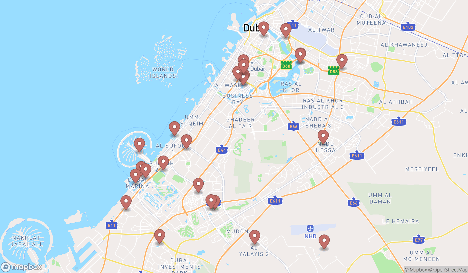 Map showing the search results in Dubai