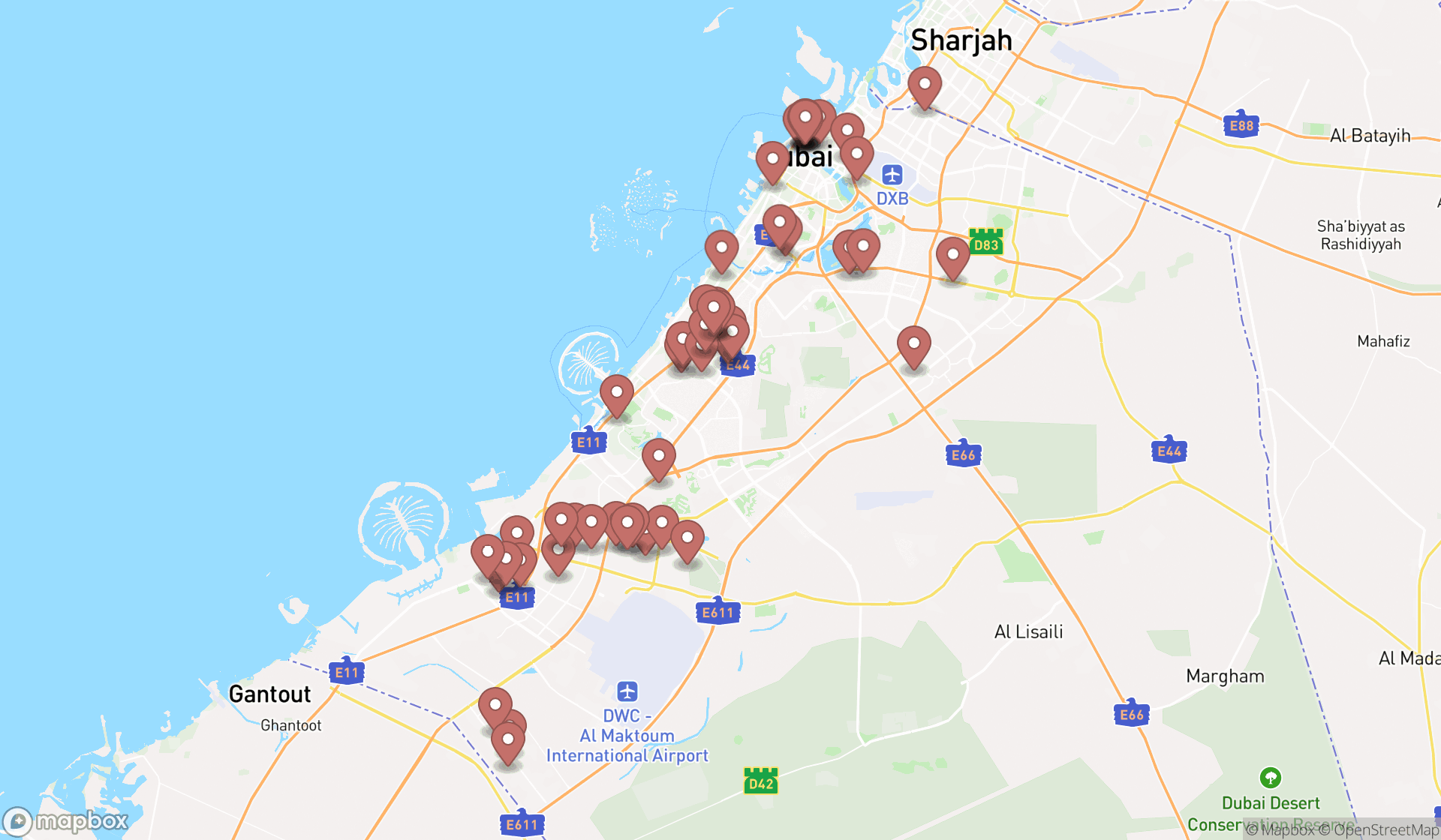 Map showing the search results in Dubai
