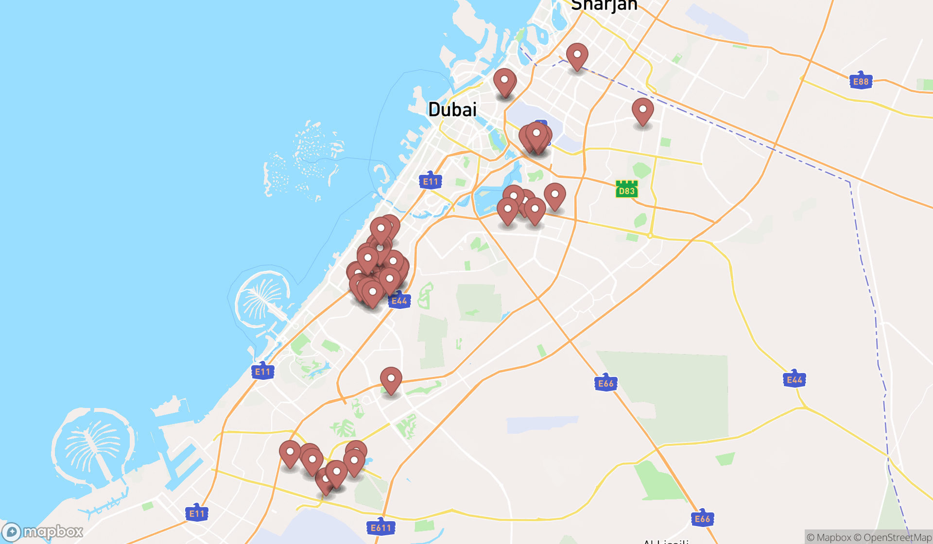 Map showing the search results in Dubai