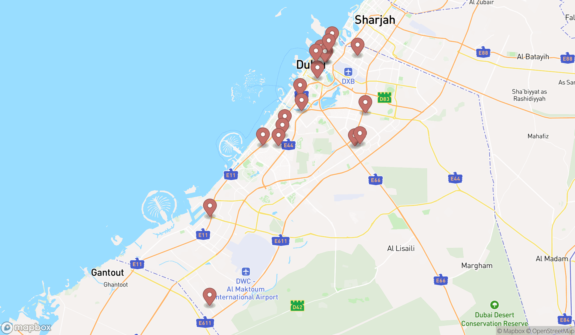 Map showing the search results in Dubai