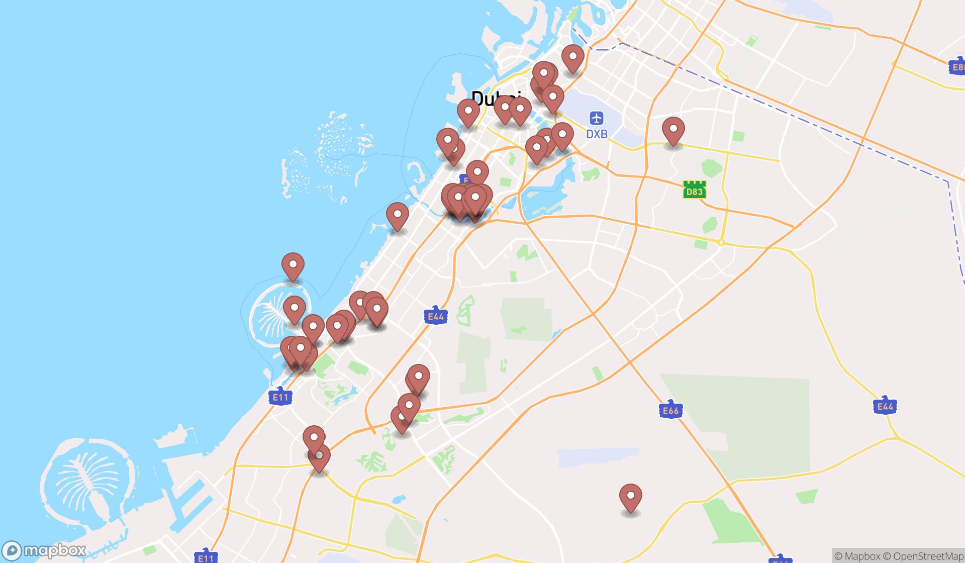 Map showing the search results in Dubai
