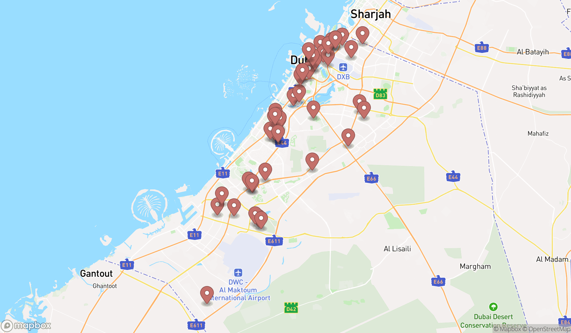 Map showing the search results in Dubai