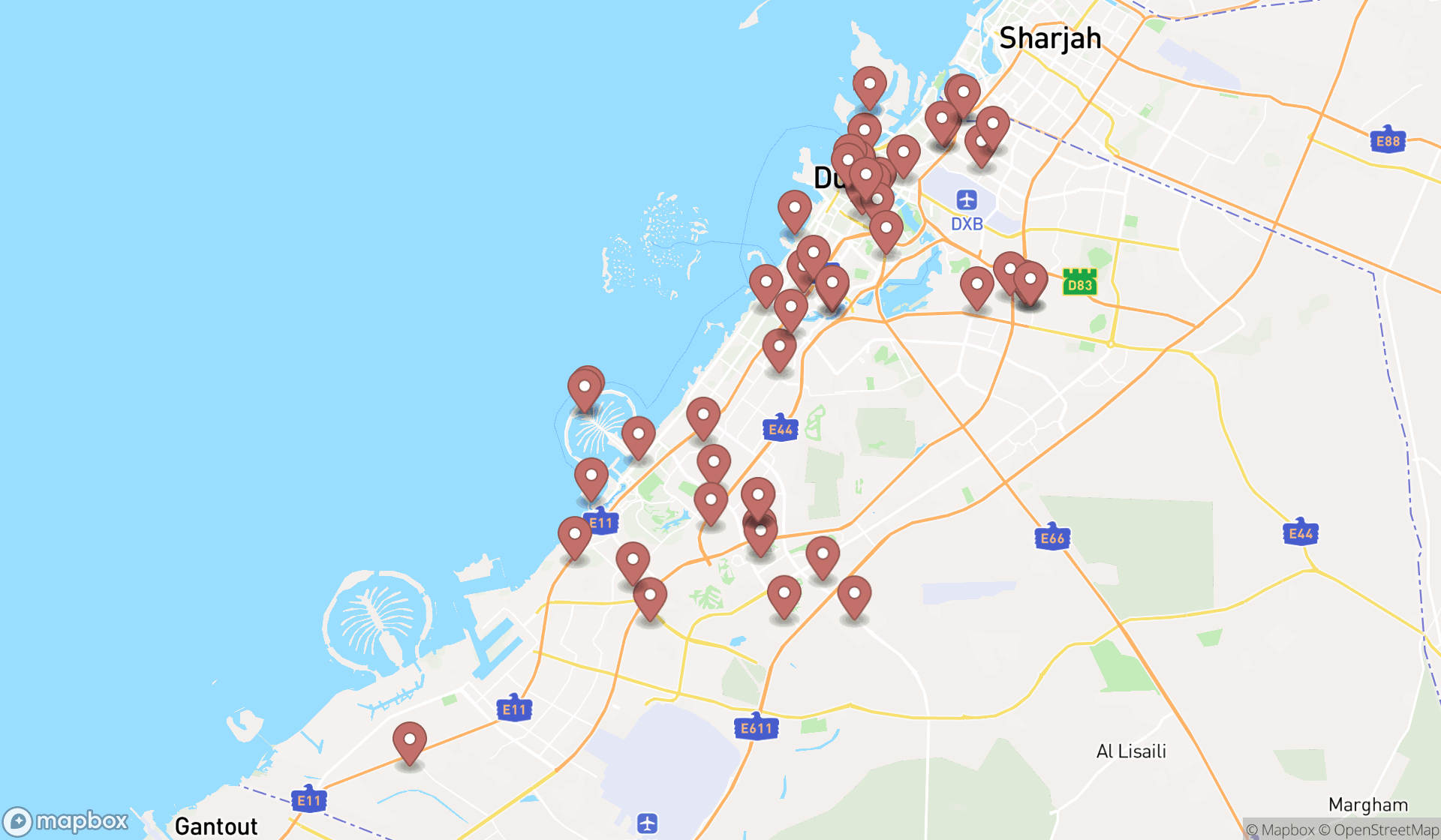 Map showing the search results in Dubai