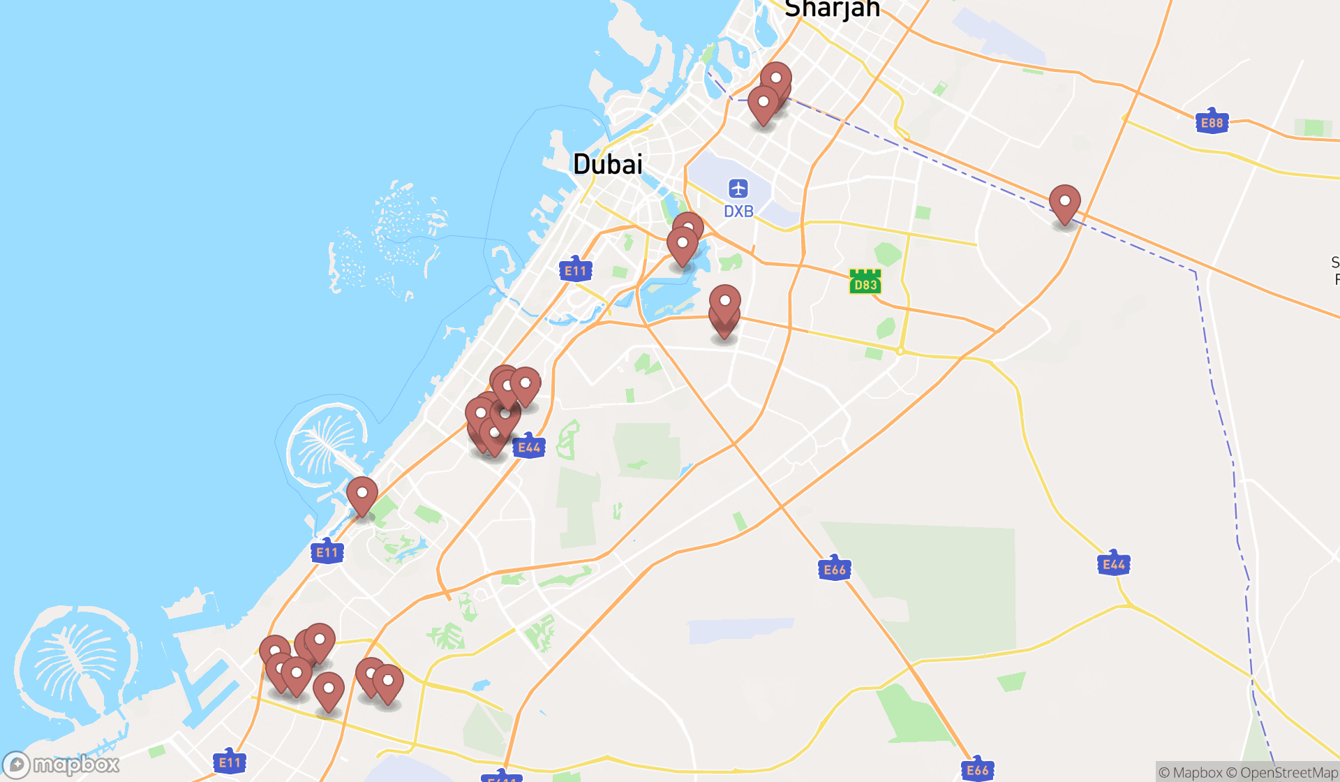 Map showing the search results in Dubai