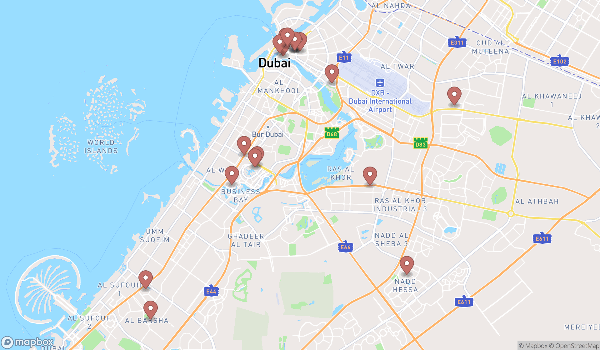 Map showing the search results in Dubai
