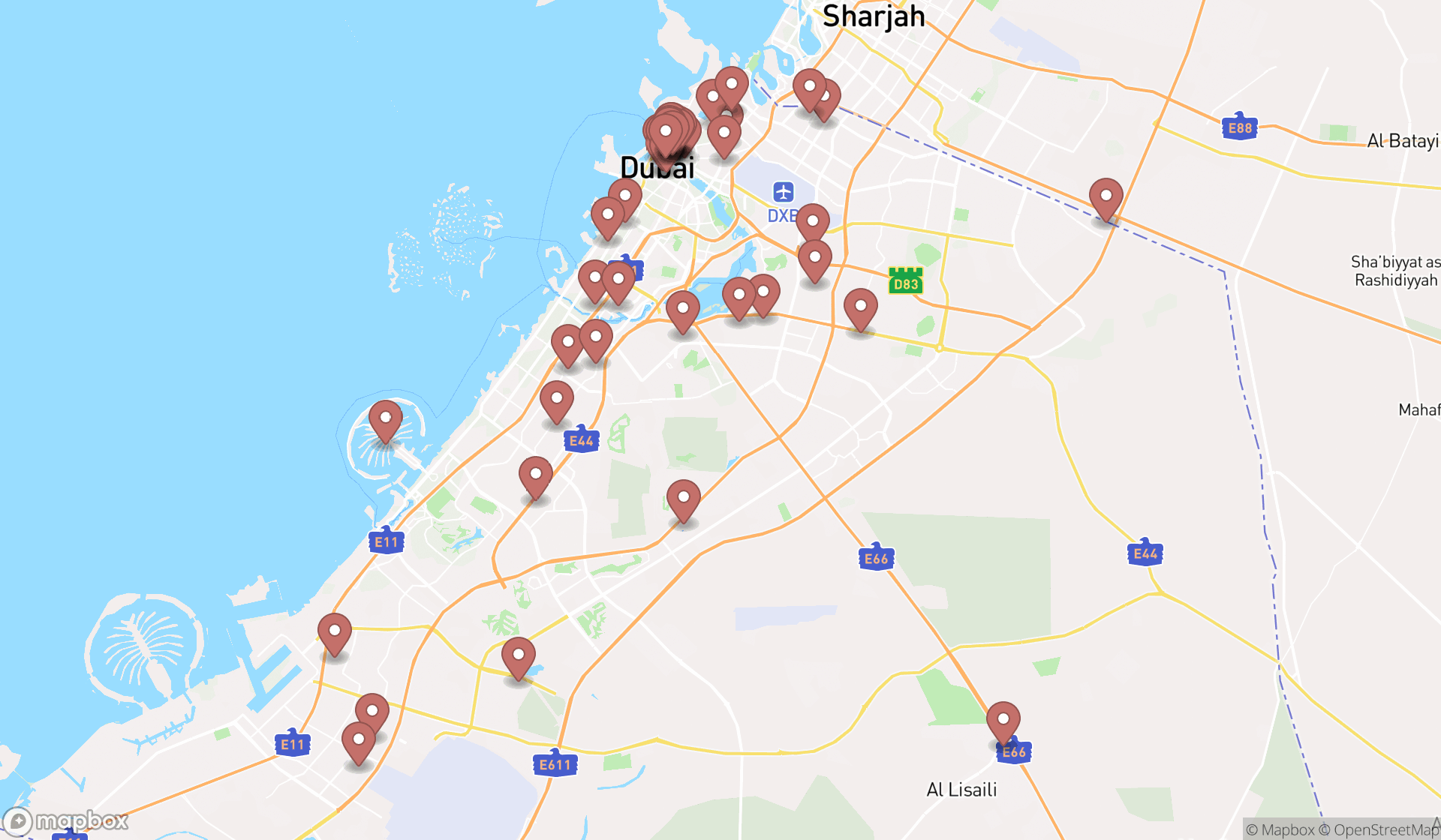 Map showing the search results in Dubai