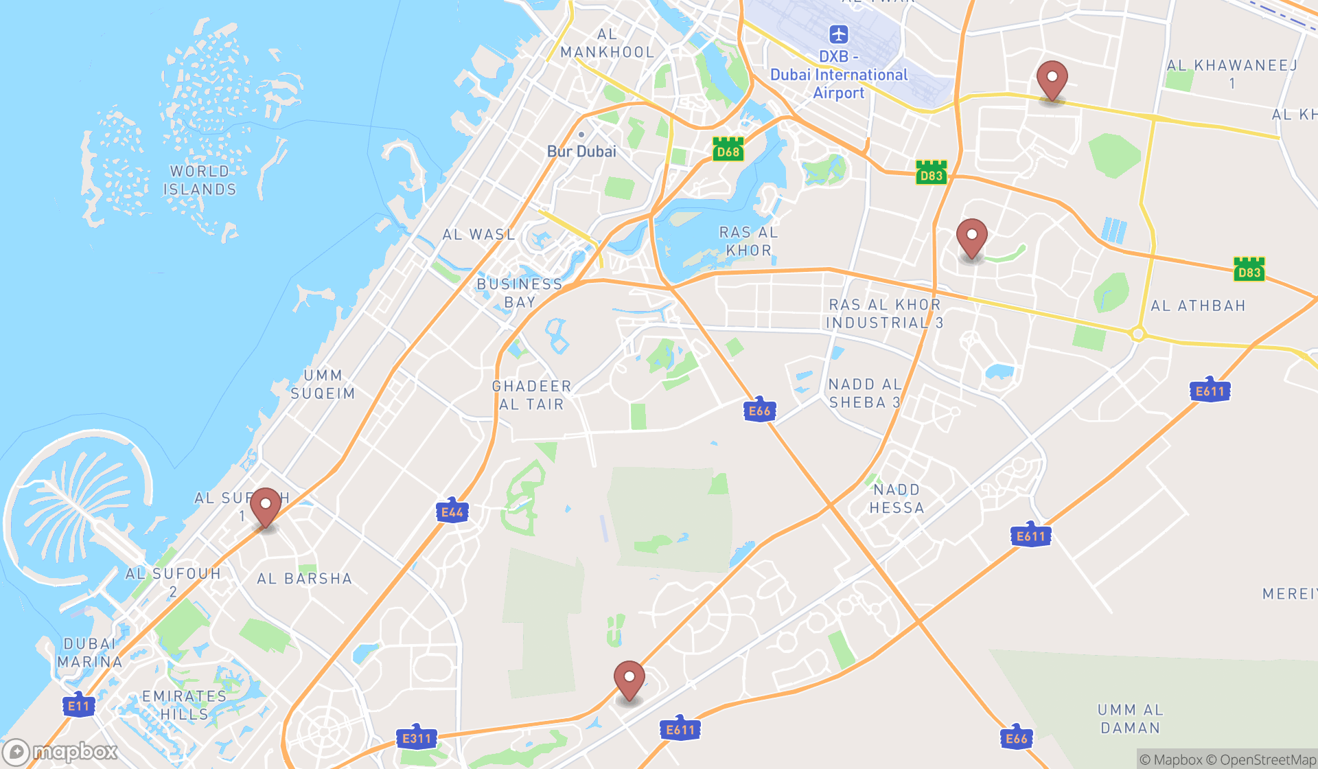 Map showing the search results in Dubai