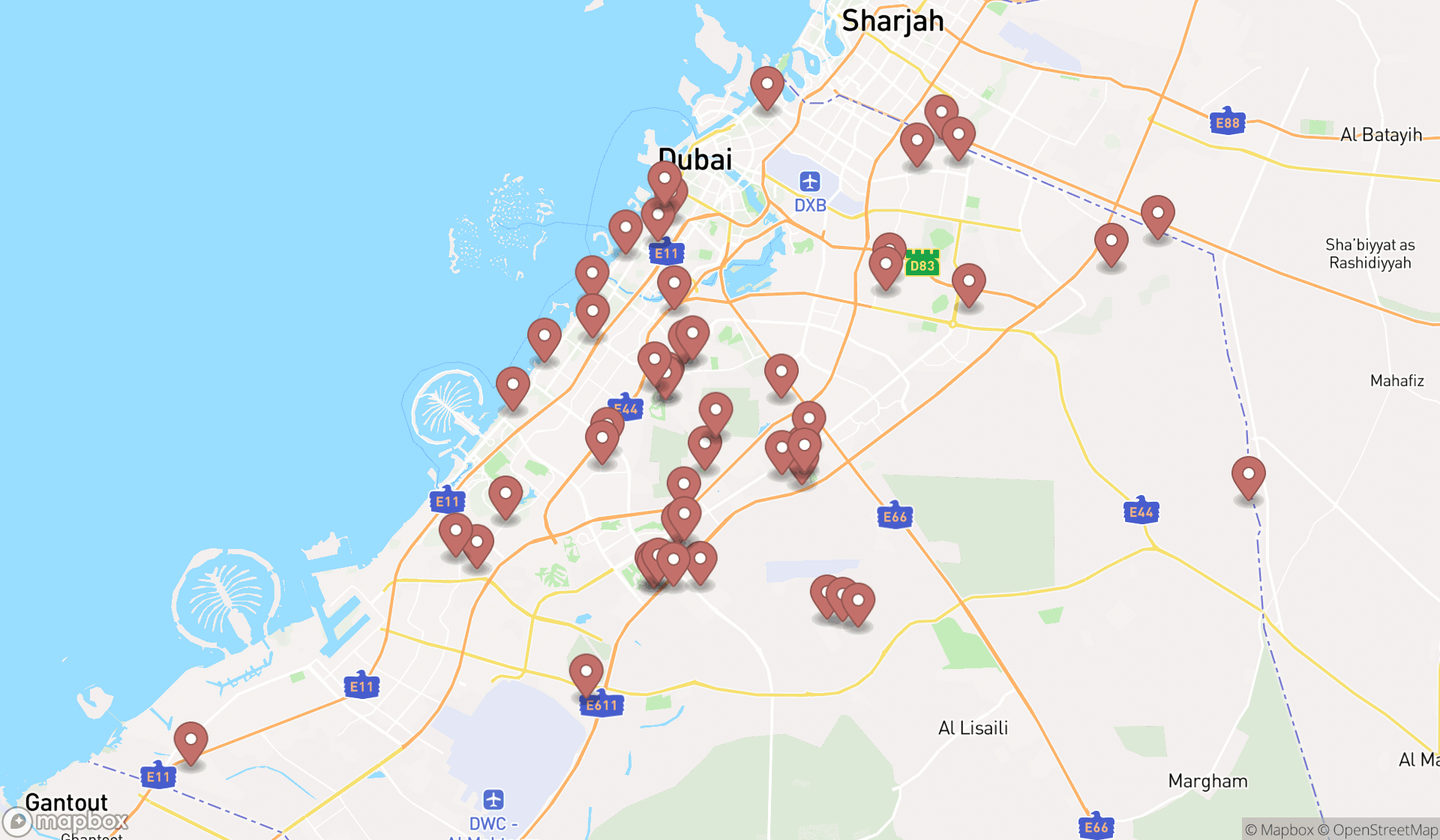 Map showing the search results in Dubai