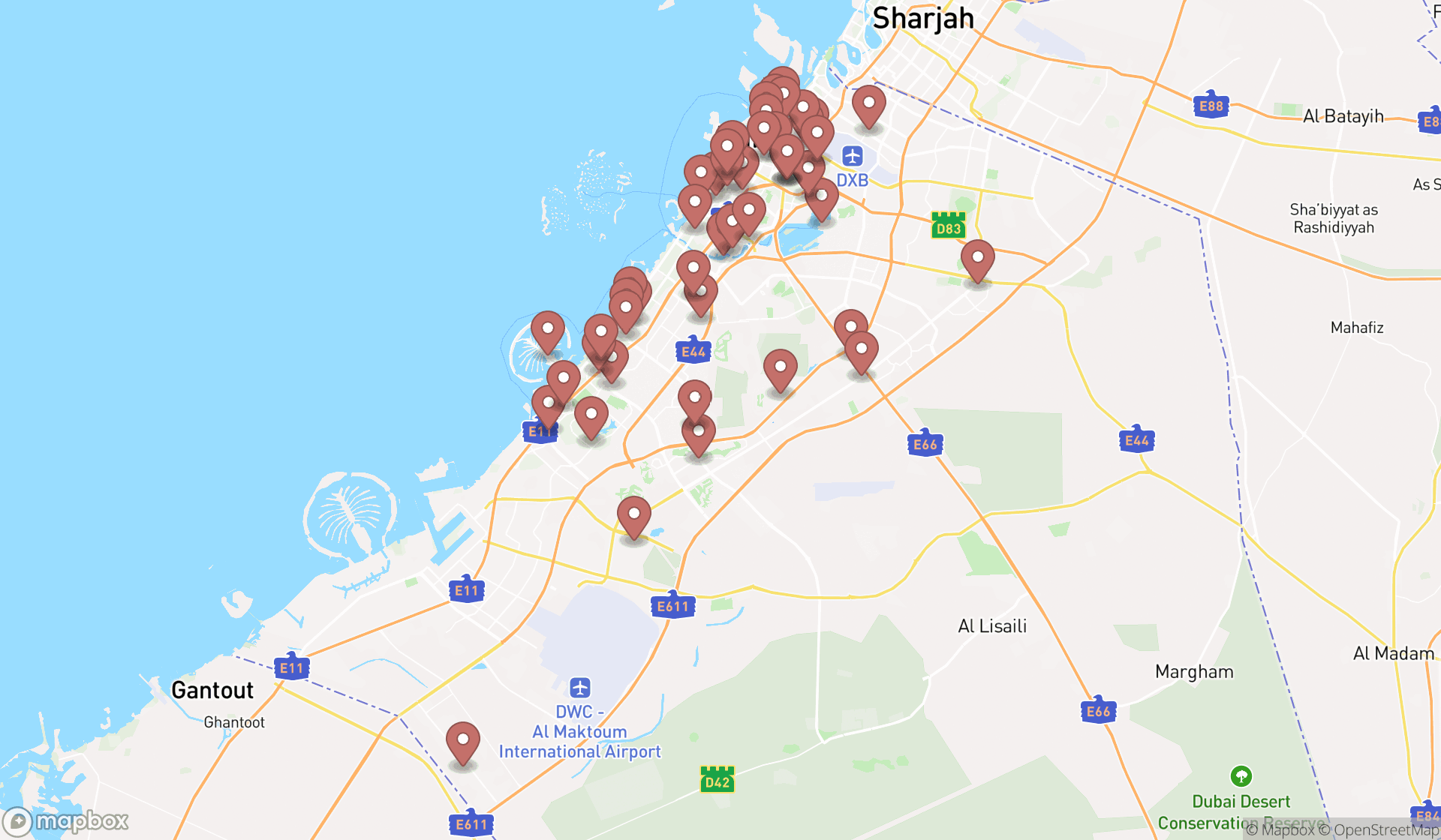 Map showing the search results in Dubai