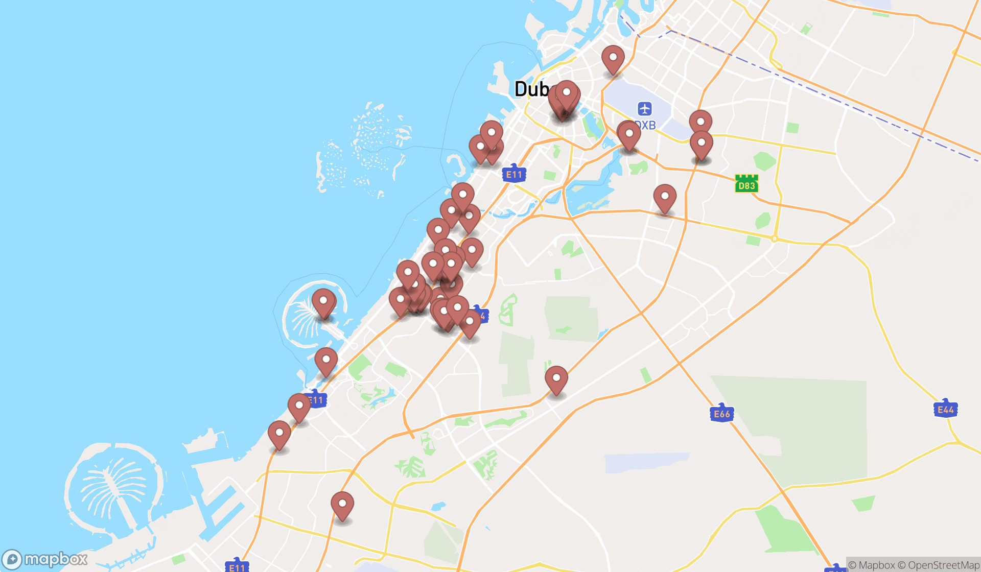 Map showing the search results in Dubai