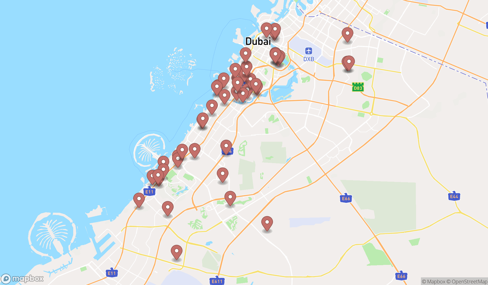 Map showing the search results in Dubai