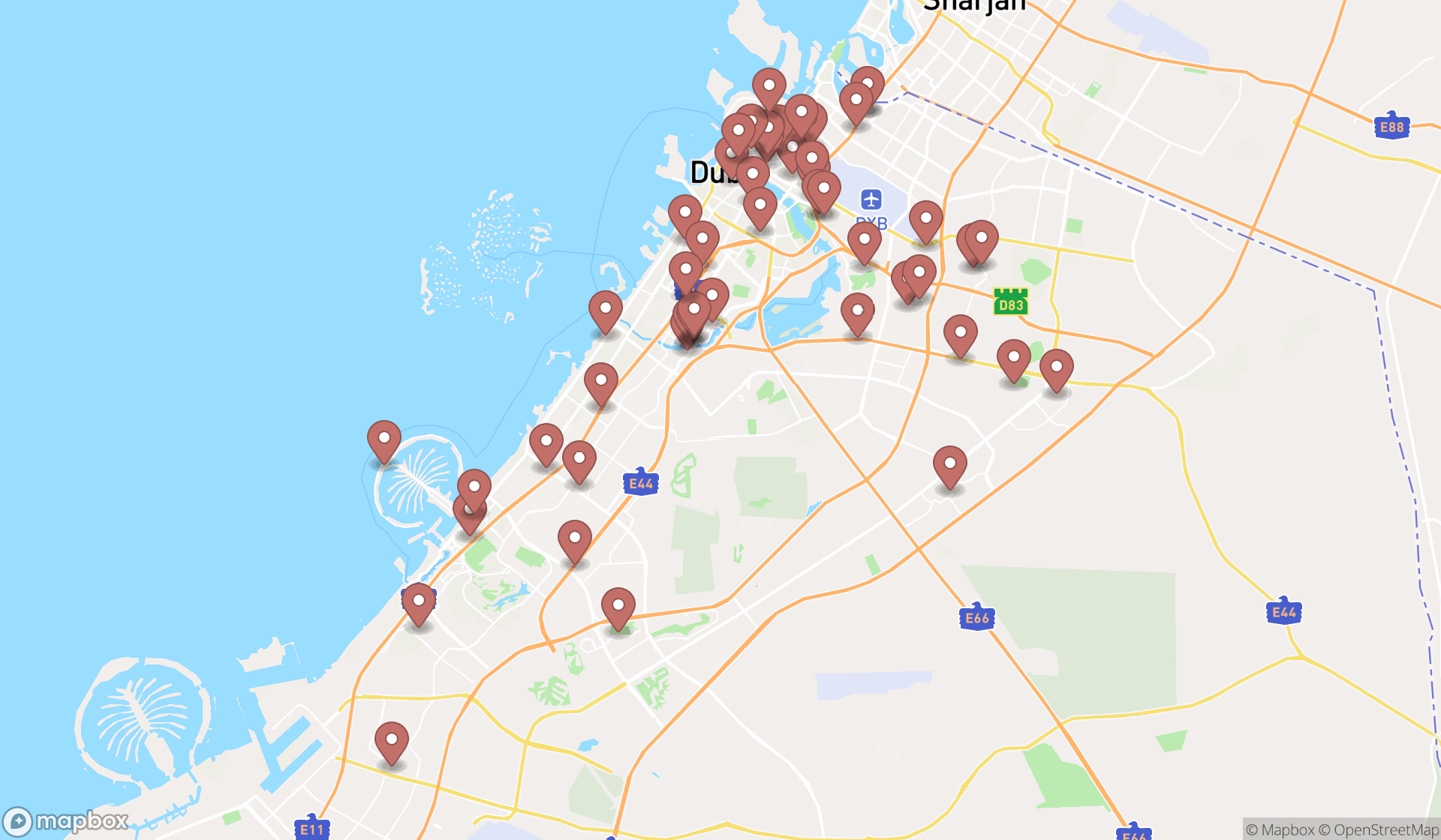 Map showing the search results in Dubai